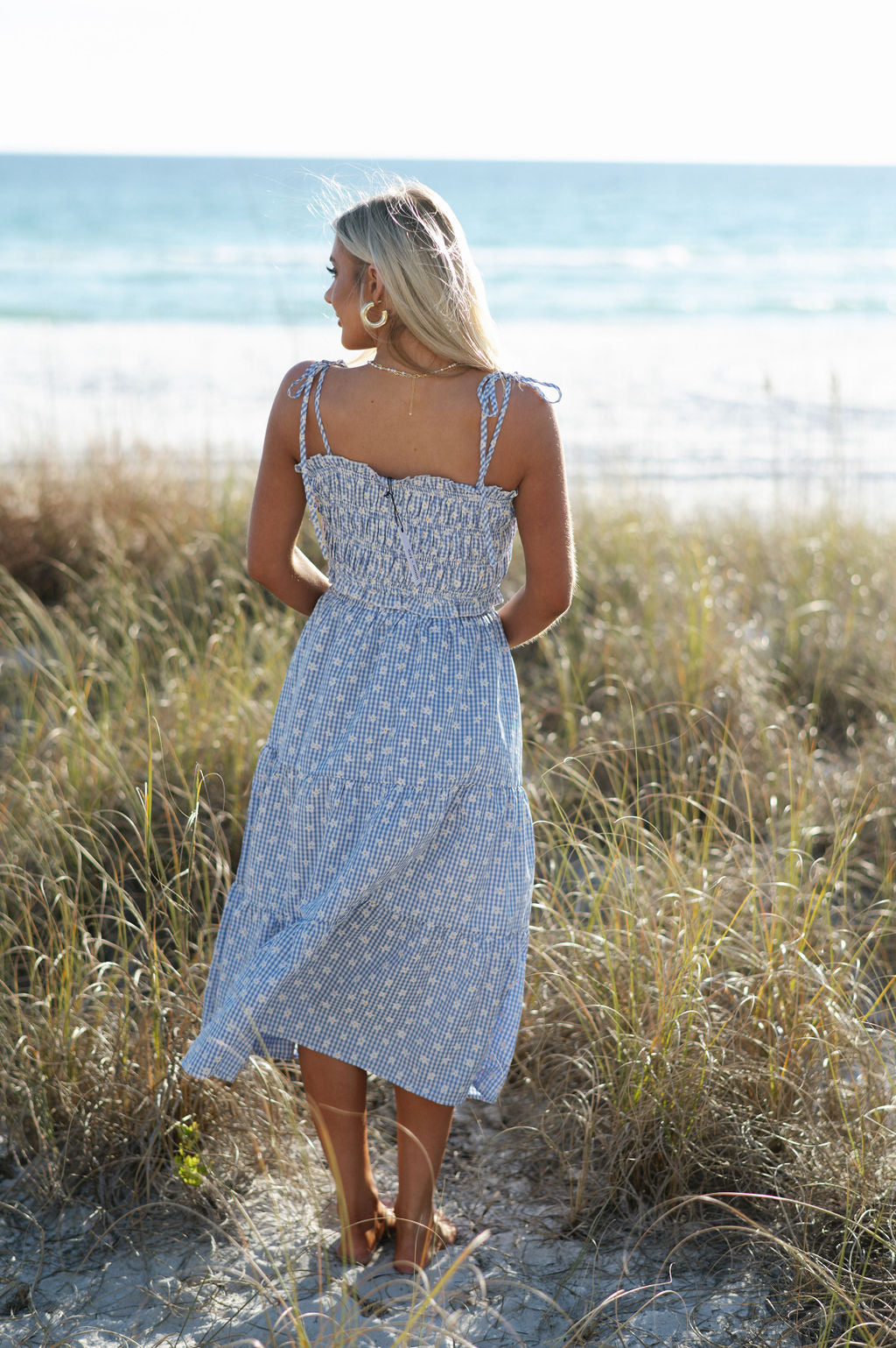 Flower Gingham Skirt Set-Blue