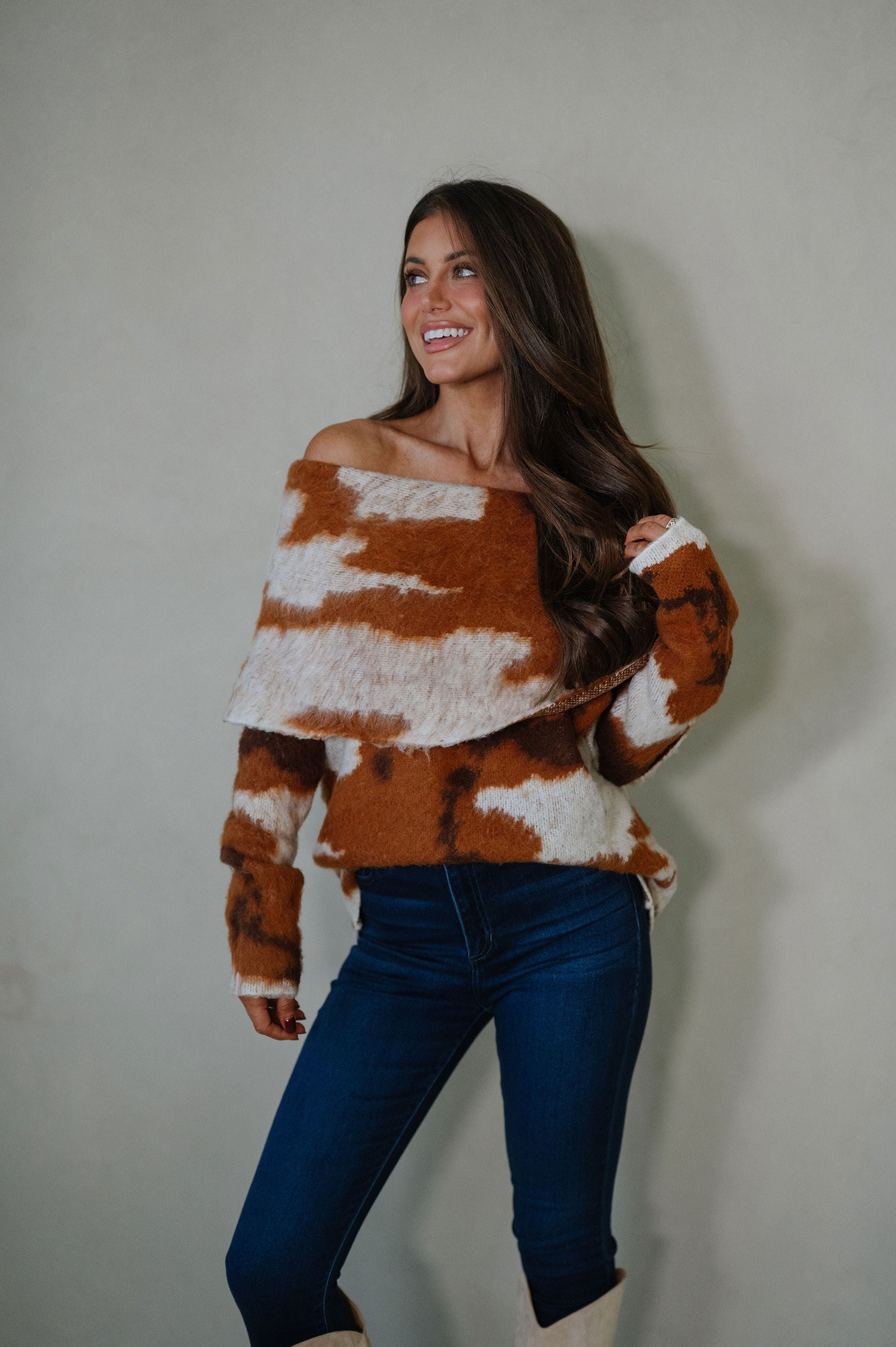 Cow Print Sweater-Brown/Ivory