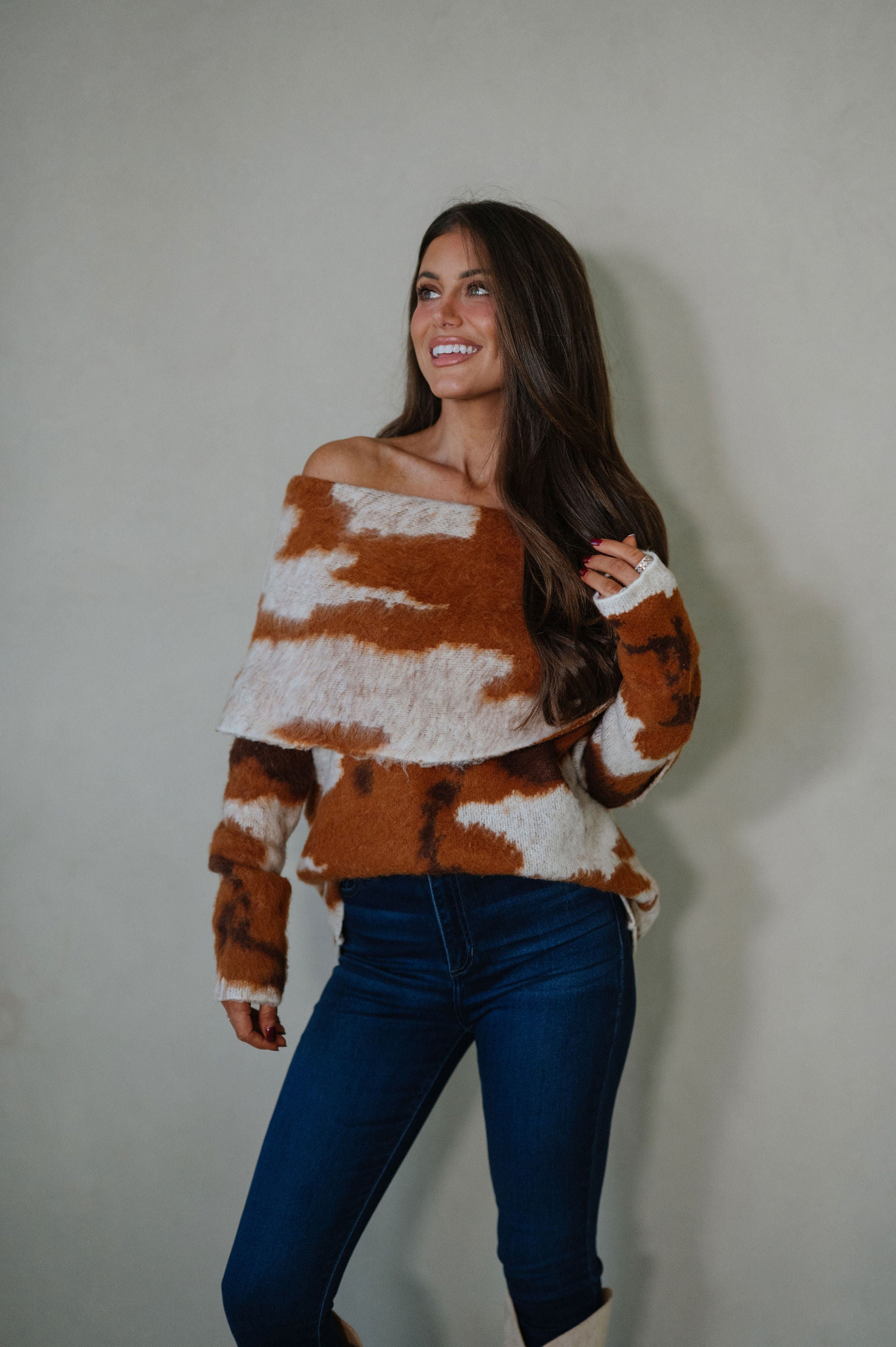 Cow Print Sweater-Brown/Ivory