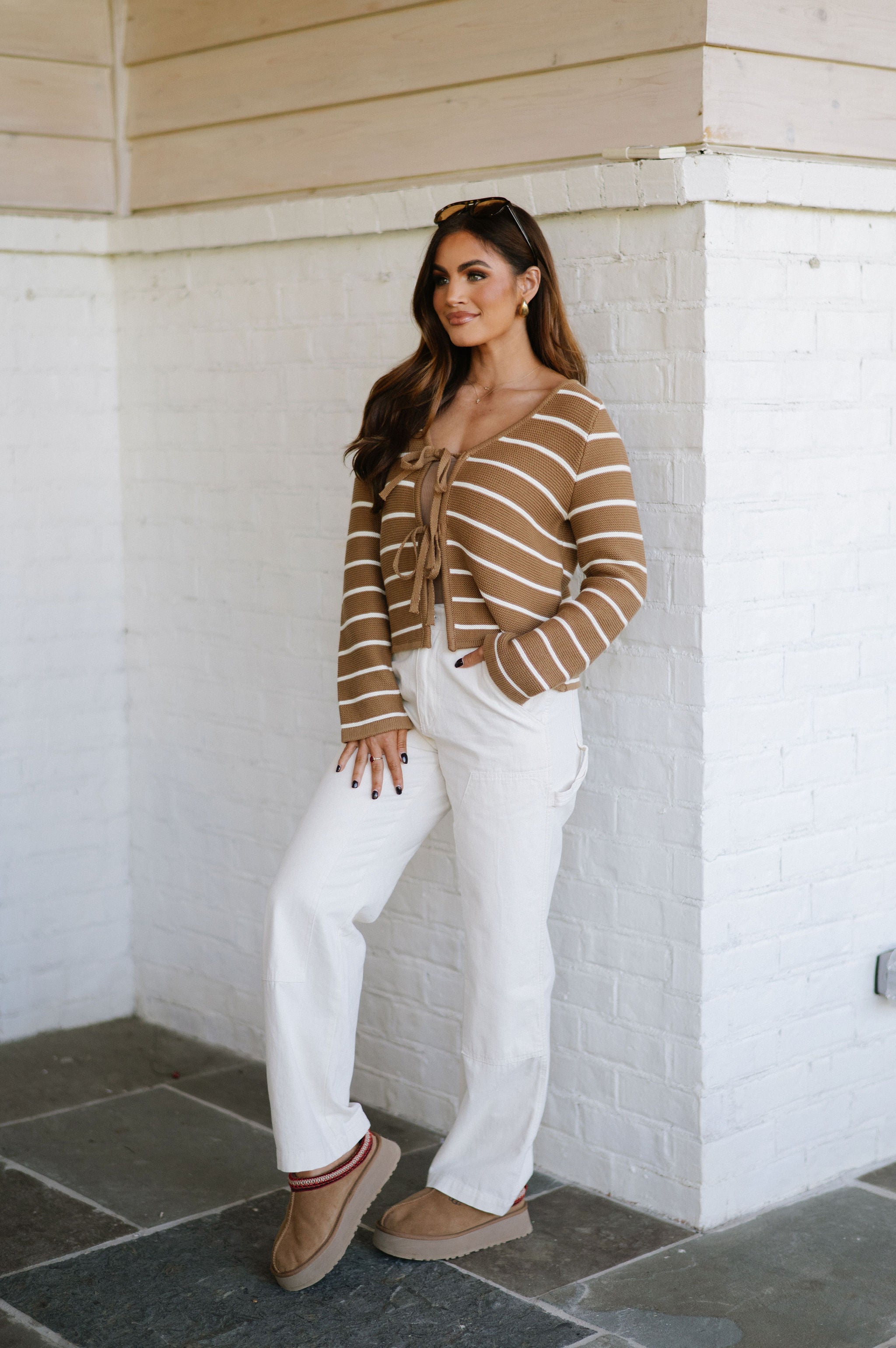 Striped Tie Front Cardigan-Mocha/White