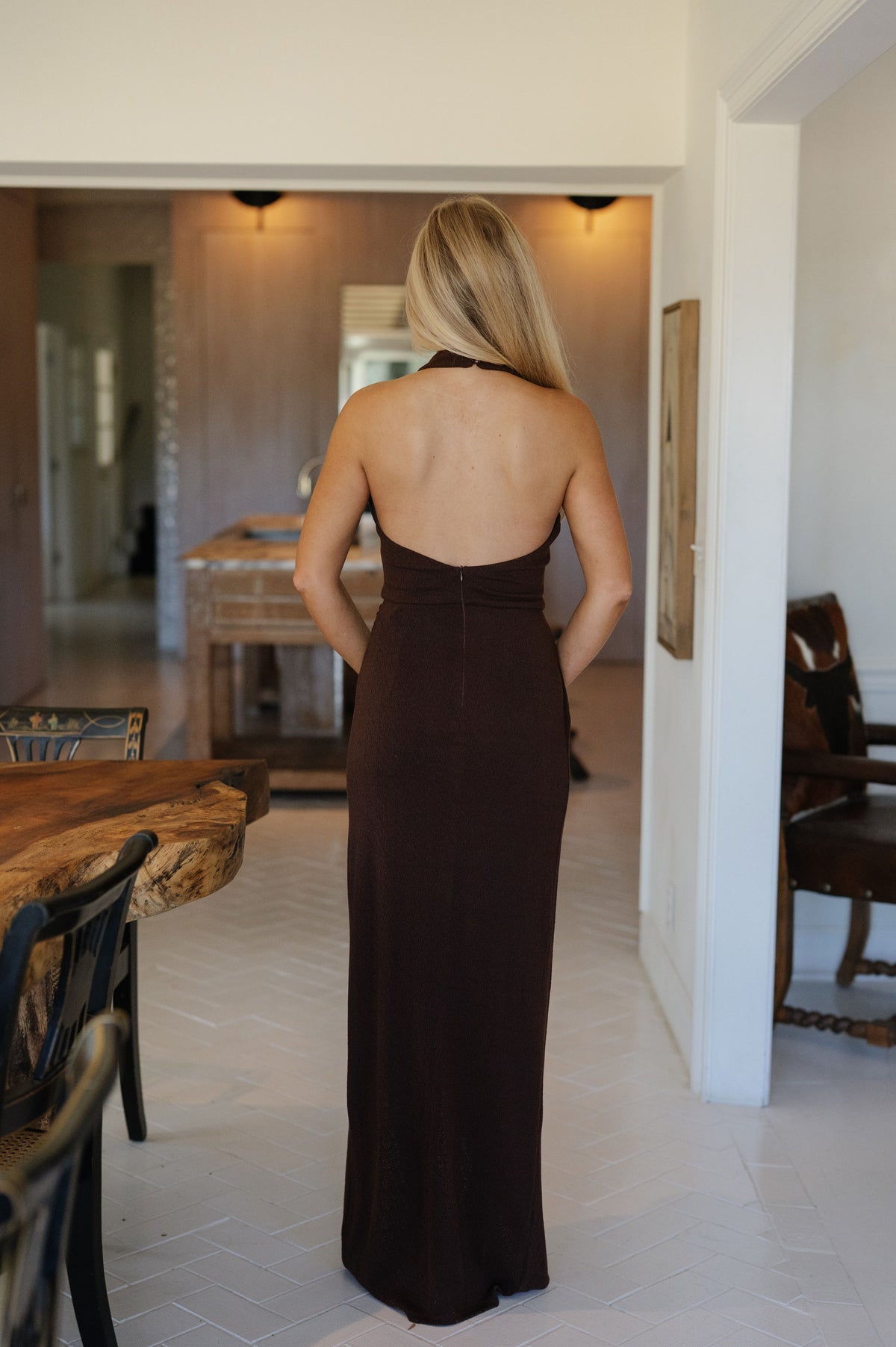 Gold Accent Halter Maxi Dress-Brown
