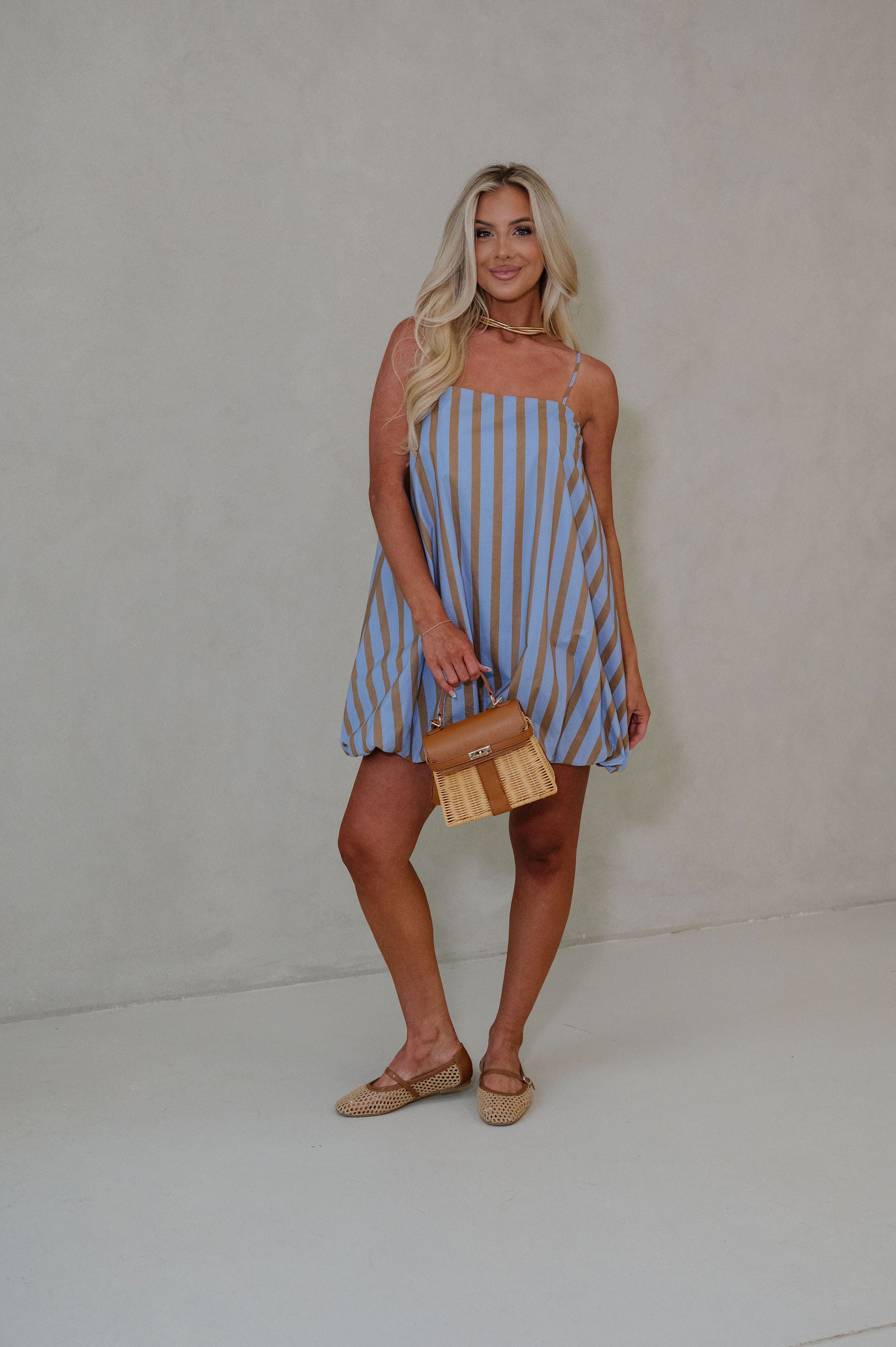 Mckenna Striped Mini Dress-Light Blue/Brown