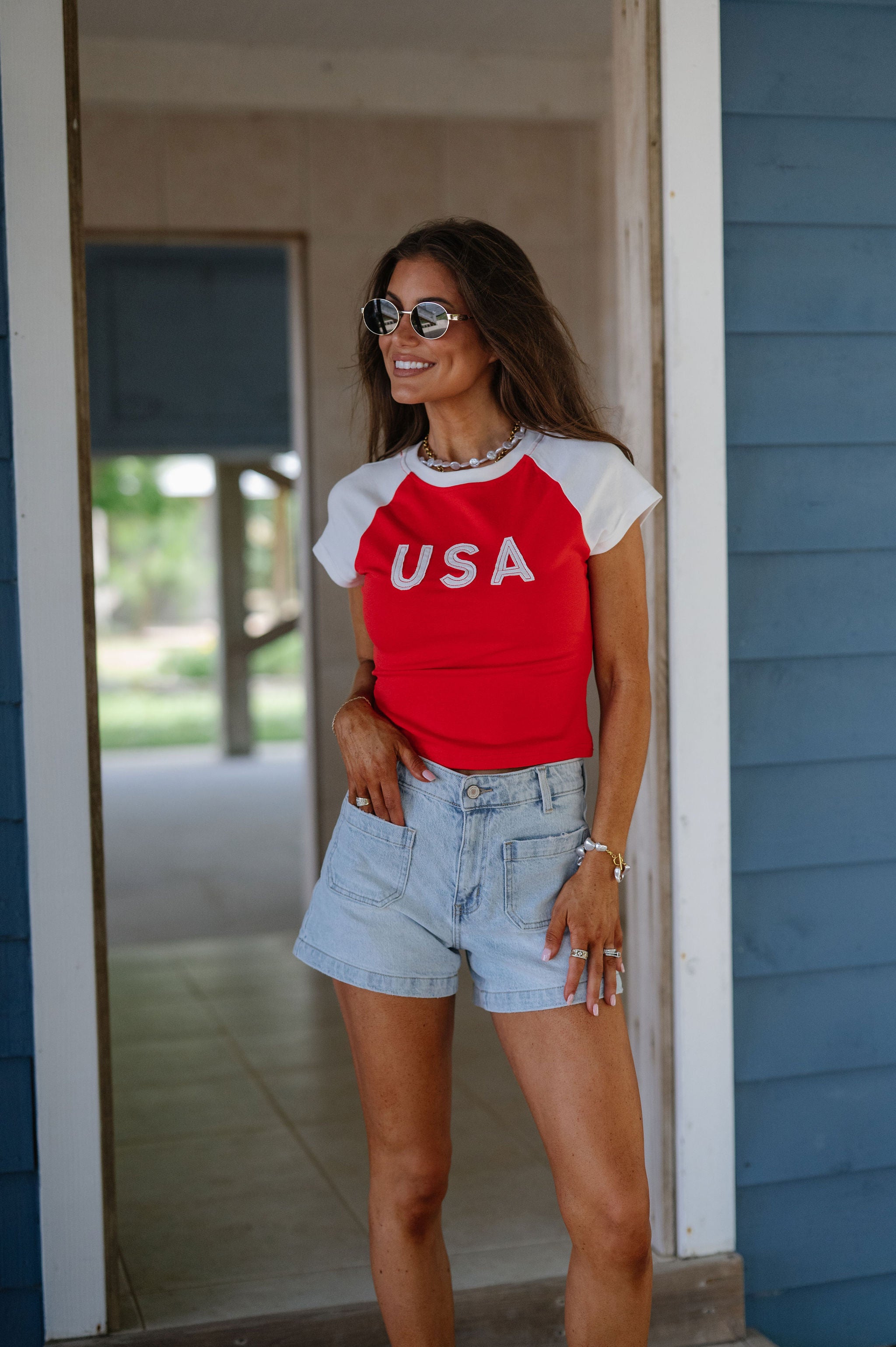 "USA" Color Block Baby Tee-Red/White
