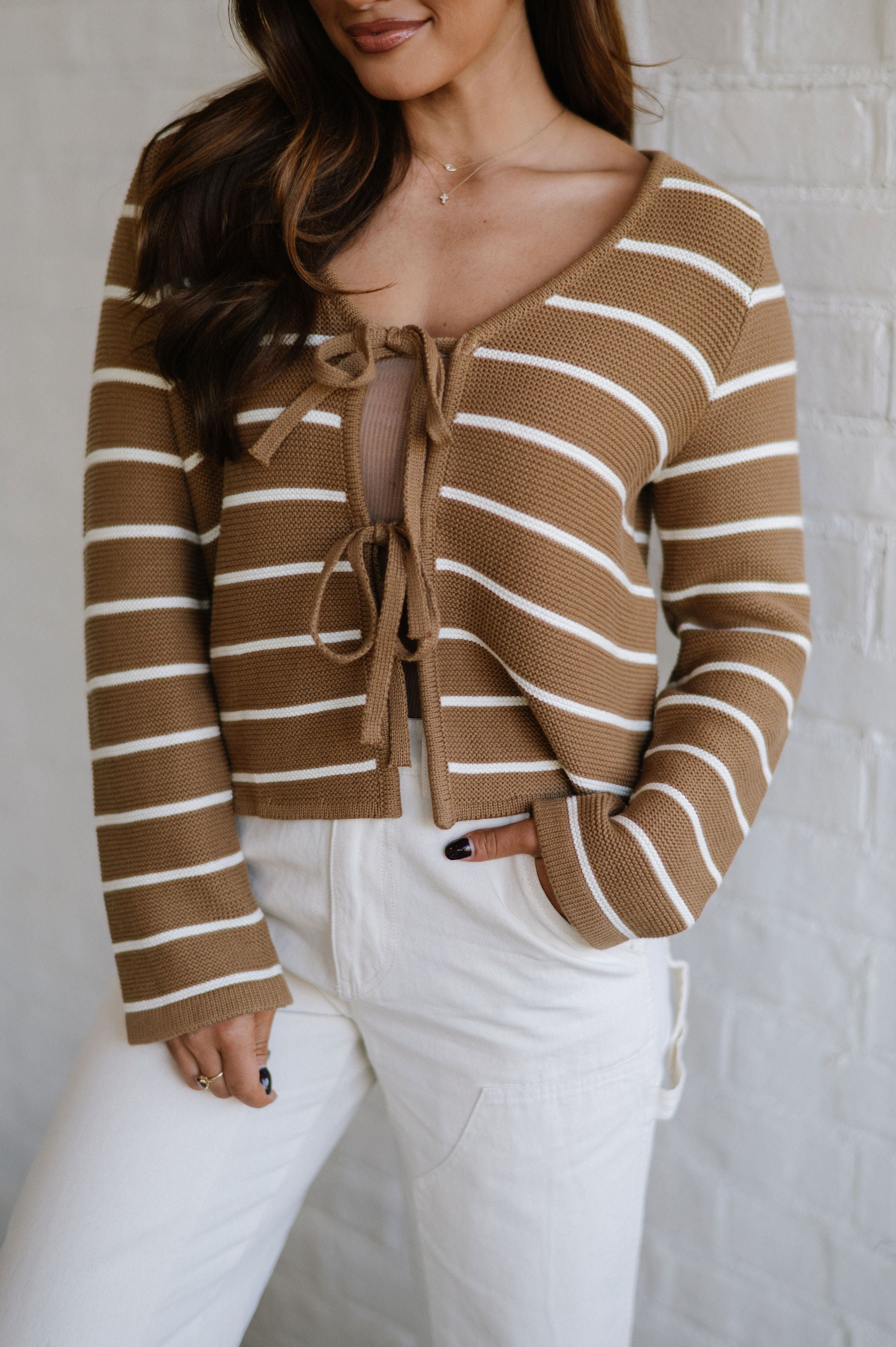 Striped Tie Front Cardigan-Mocha/White