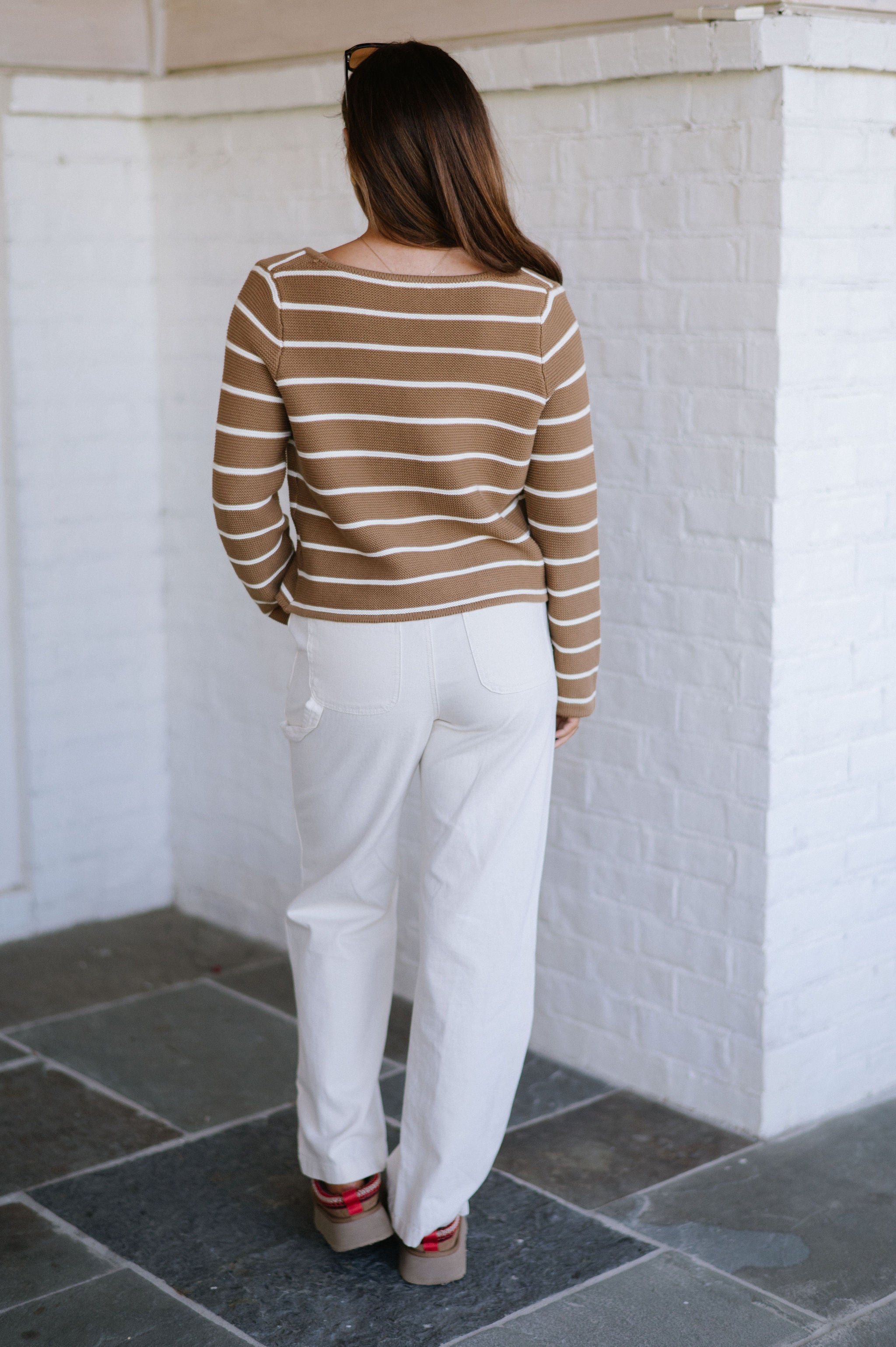 Striped Tie Front Cardigan-Mocha/White