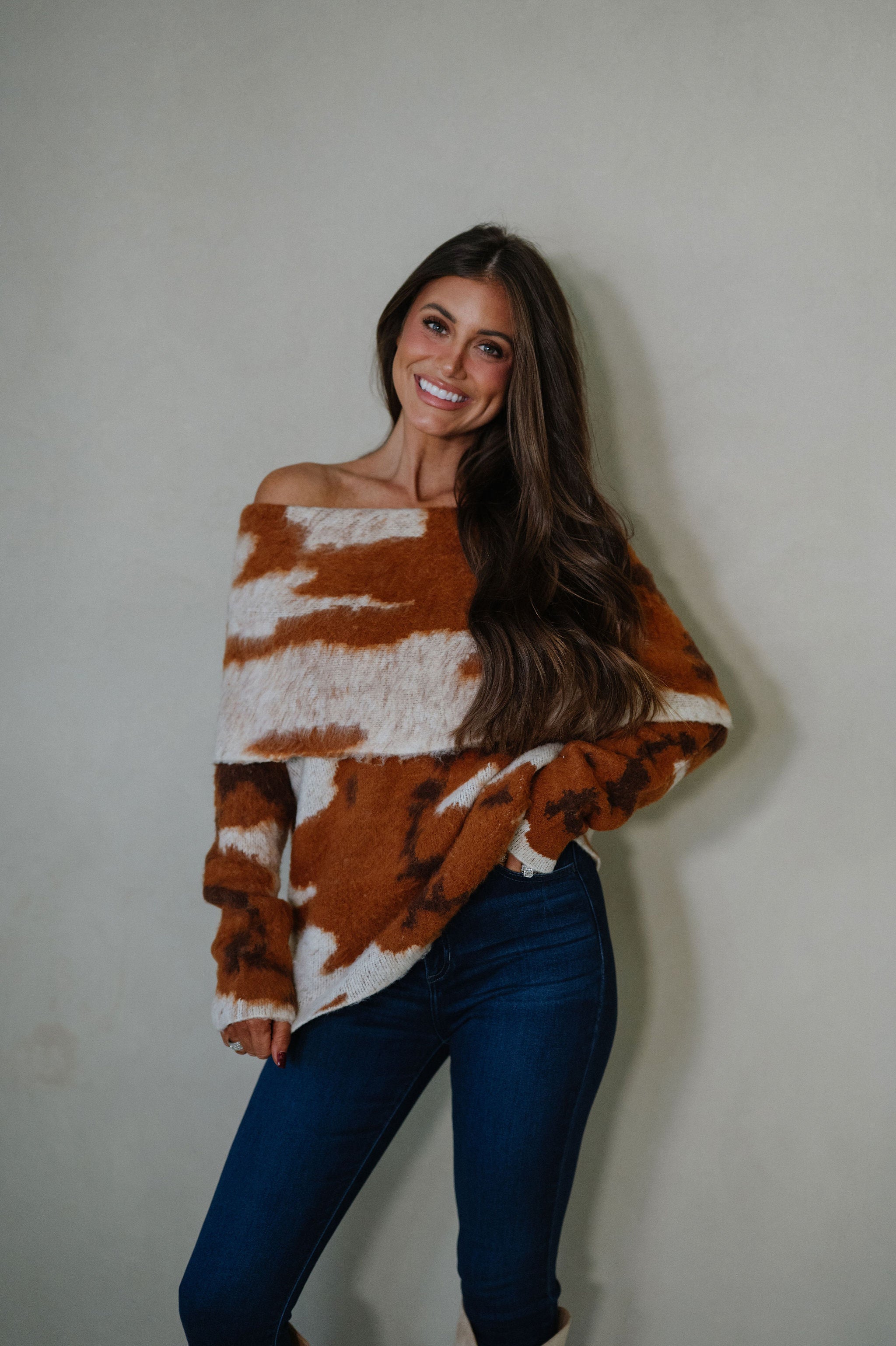 Cow Print Sweater-Brown/Ivory