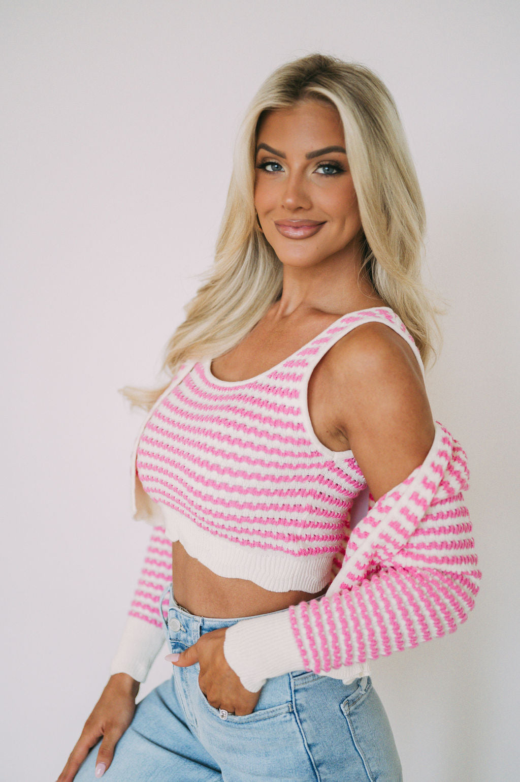 Cardigan Knit Sweater Set- Pink/Ivory