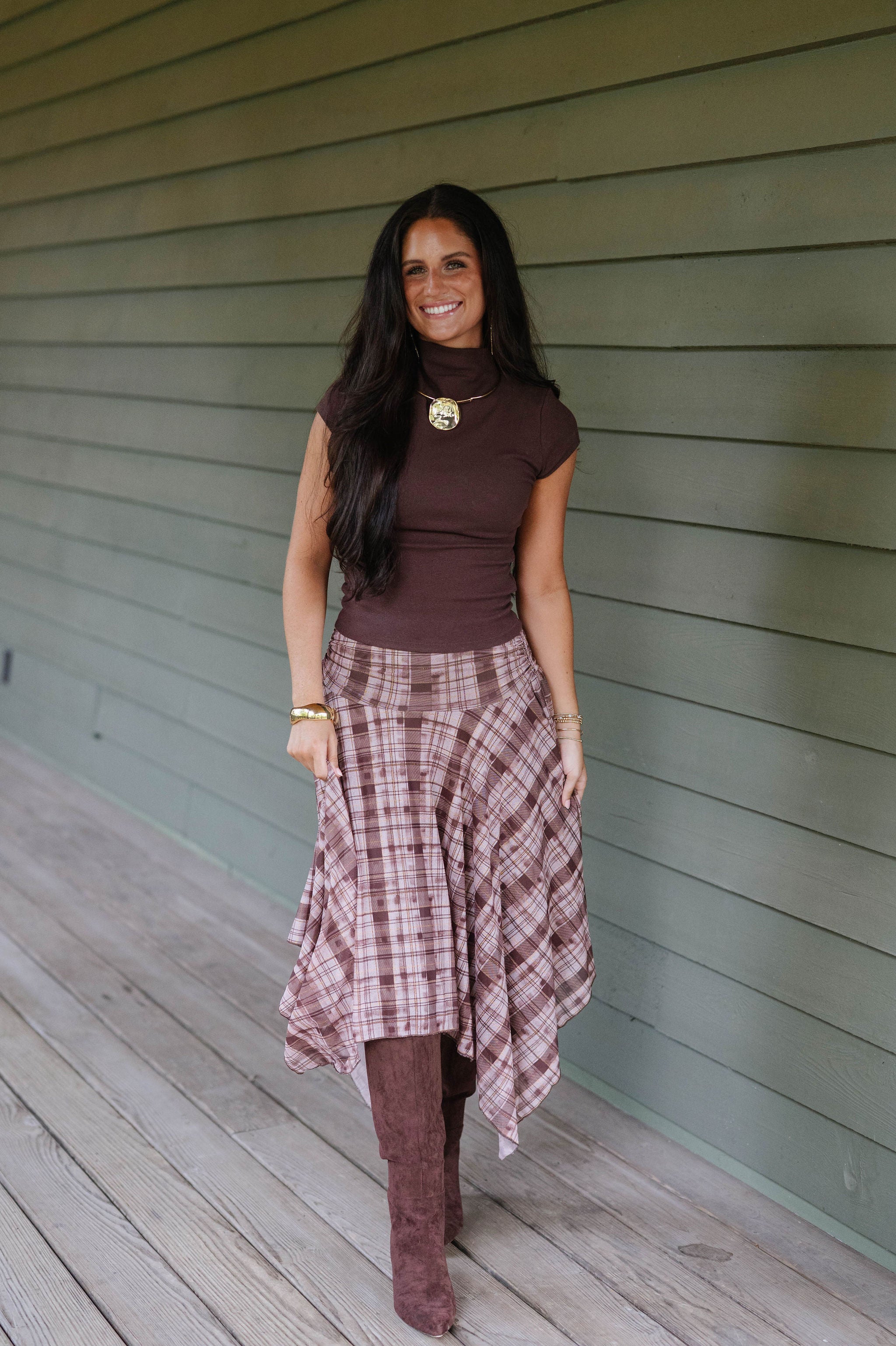 Layered Plaid Midi Skirt-Brown