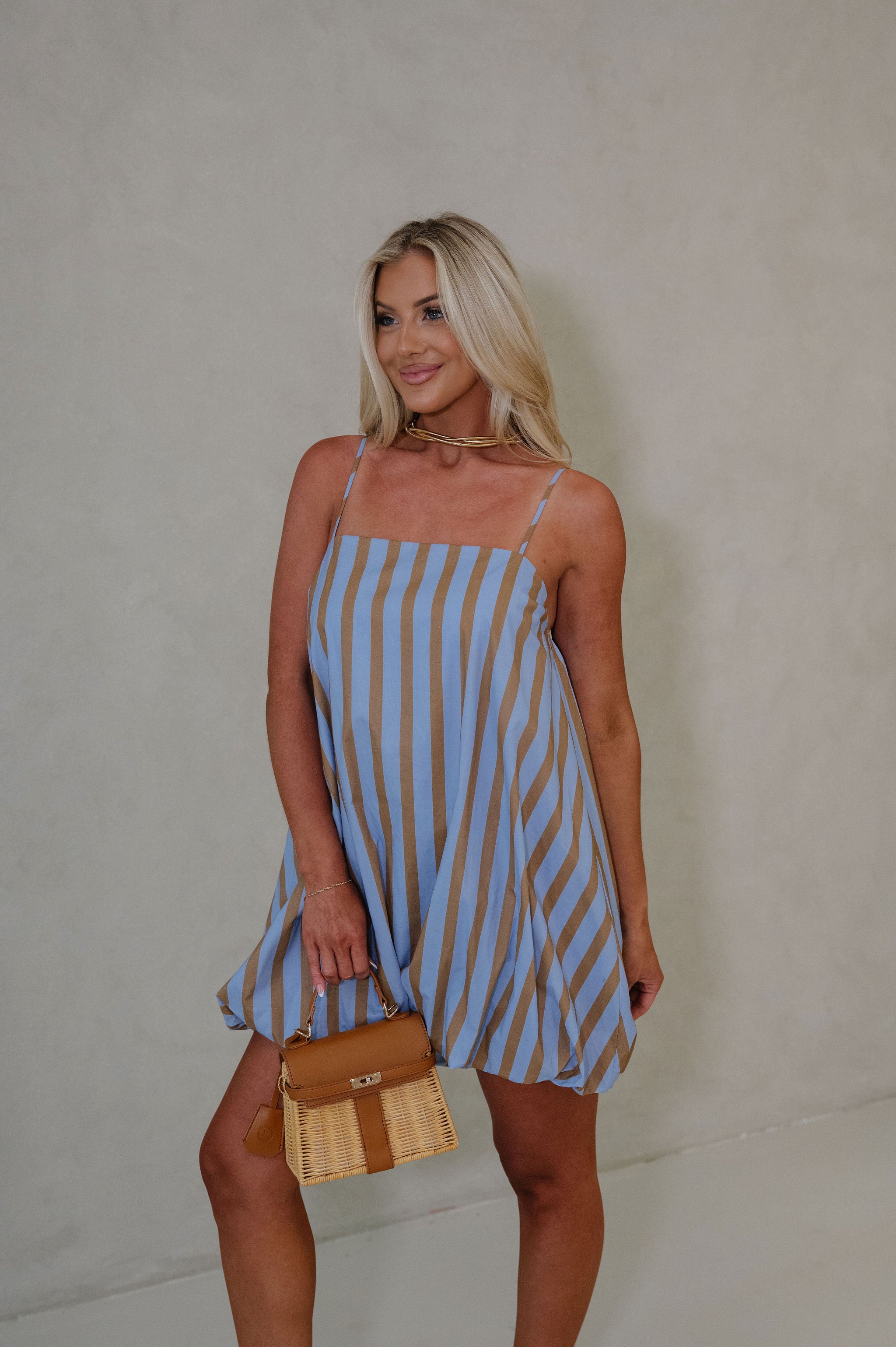 Mckenna Striped Mini Dress-Light Blue/Brown