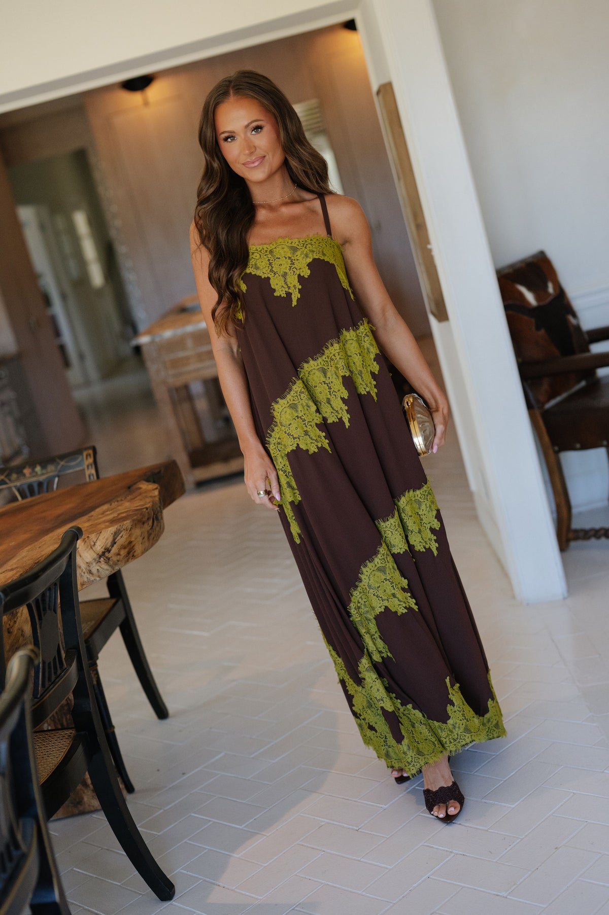 Stephanie Contrast Lace Trim Detail Maxi Dress-Chocolate