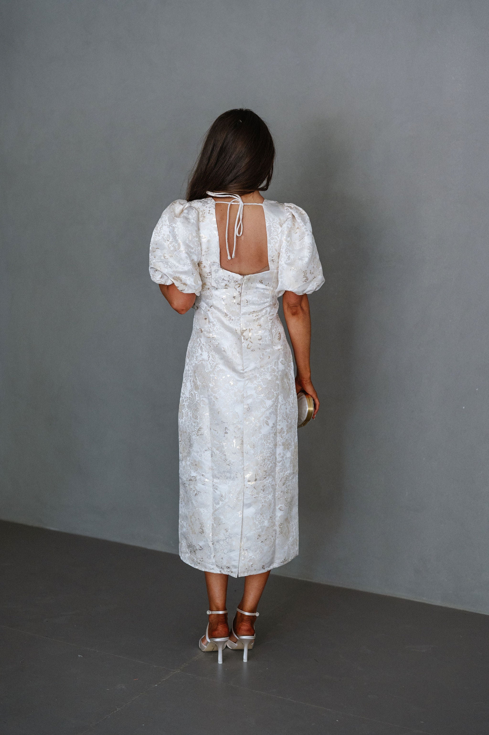 Lola Jacquard Cut Out Midi Dress-Champagne