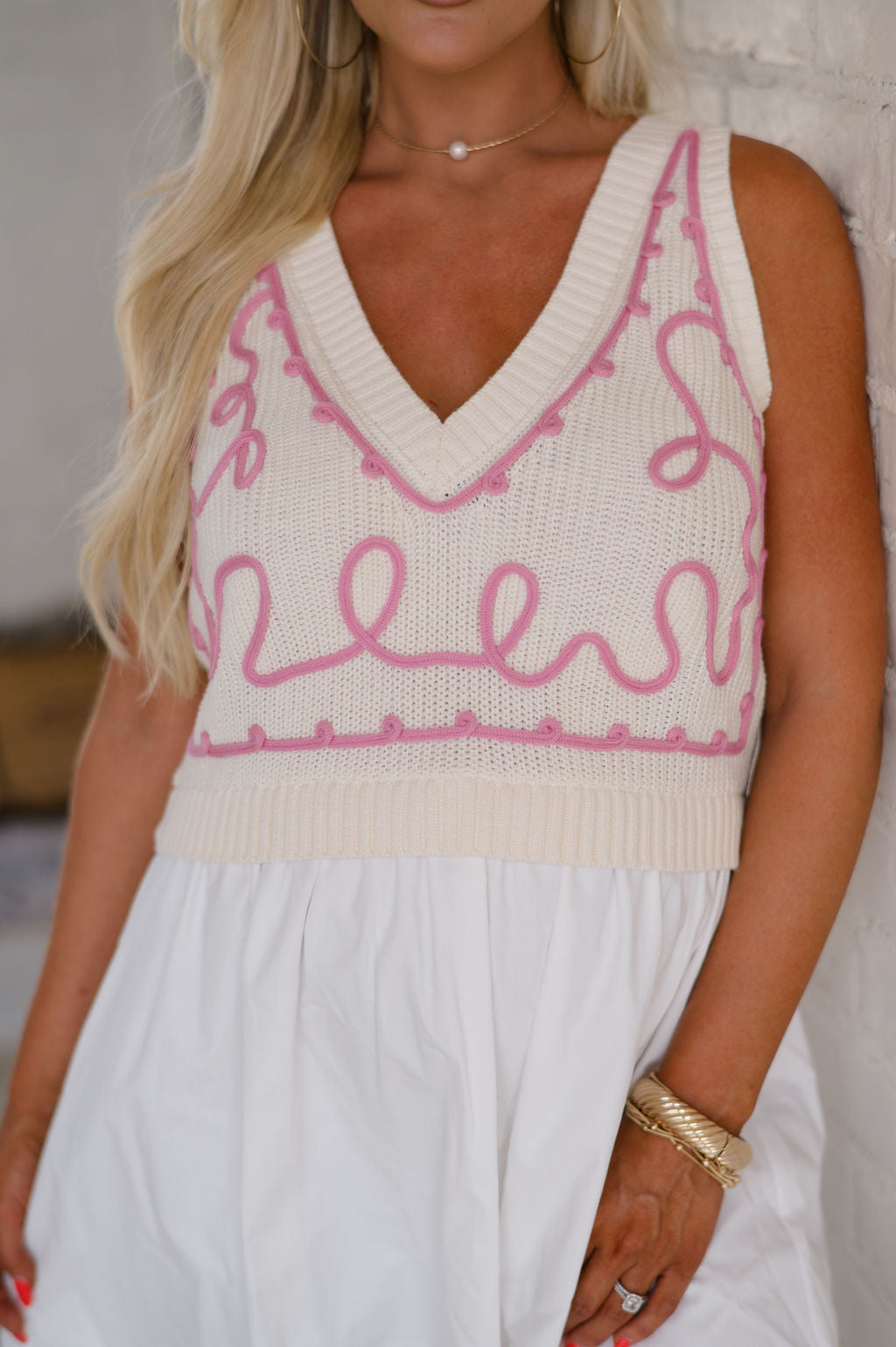 Embroidered Sweater Dress- Cream/Pink