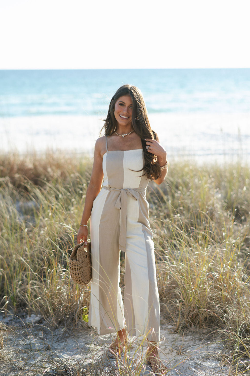 Color Block Linen Jumpsuit- Taupe/Cream