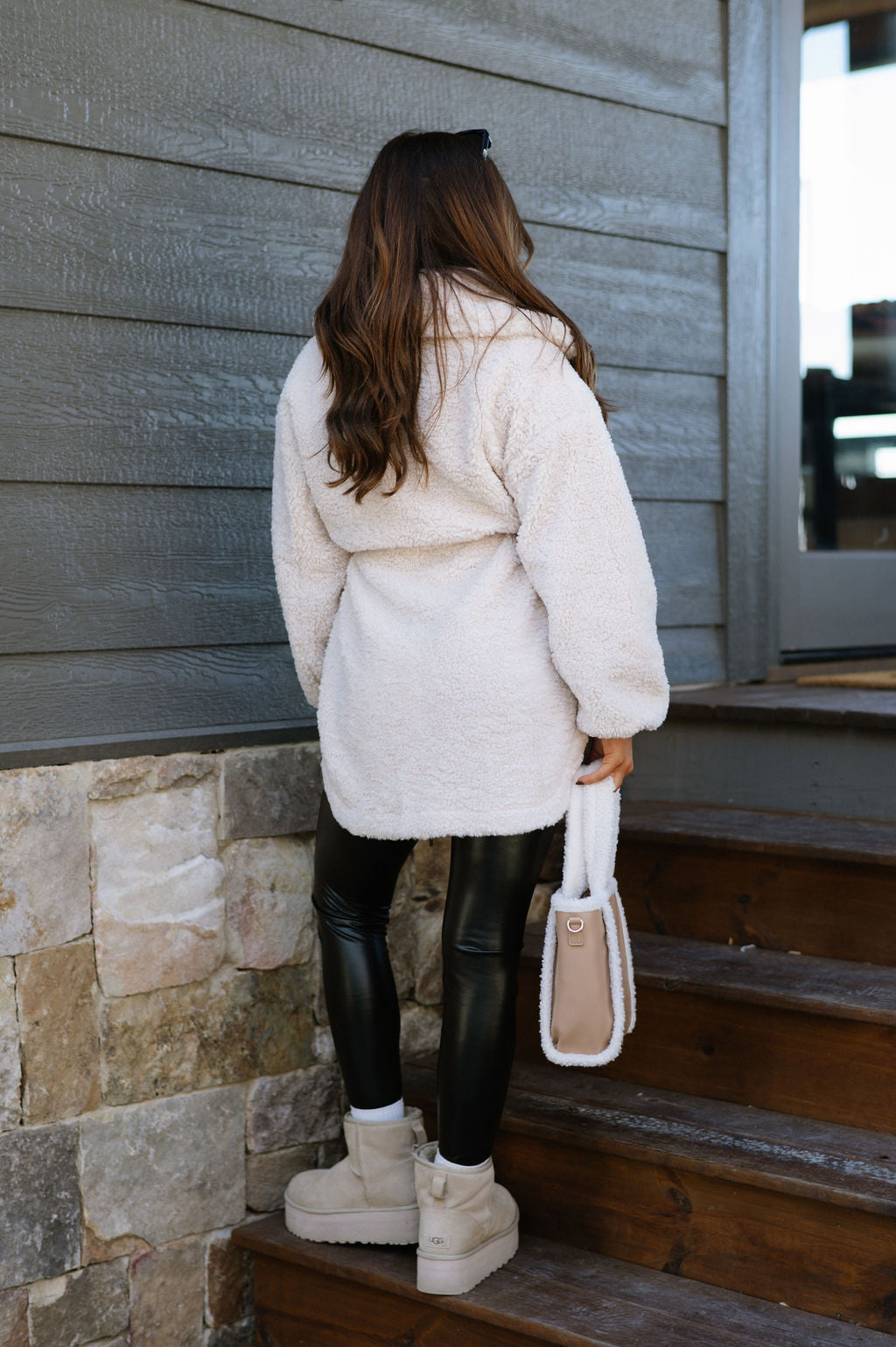 Drawstring Waist Sherpa Coat-Cream