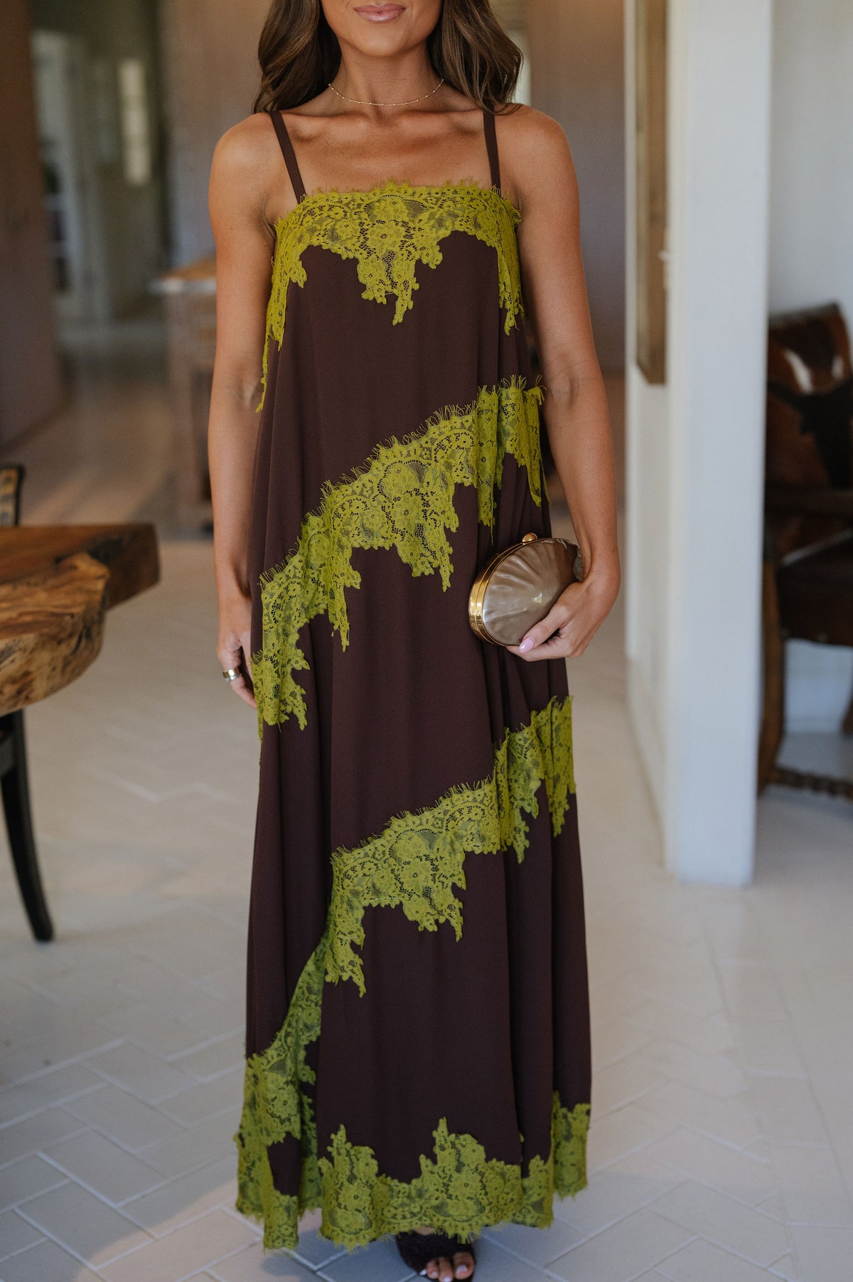Stephanie Contrast Lace Trim Detail Maxi Dress-Chocolate