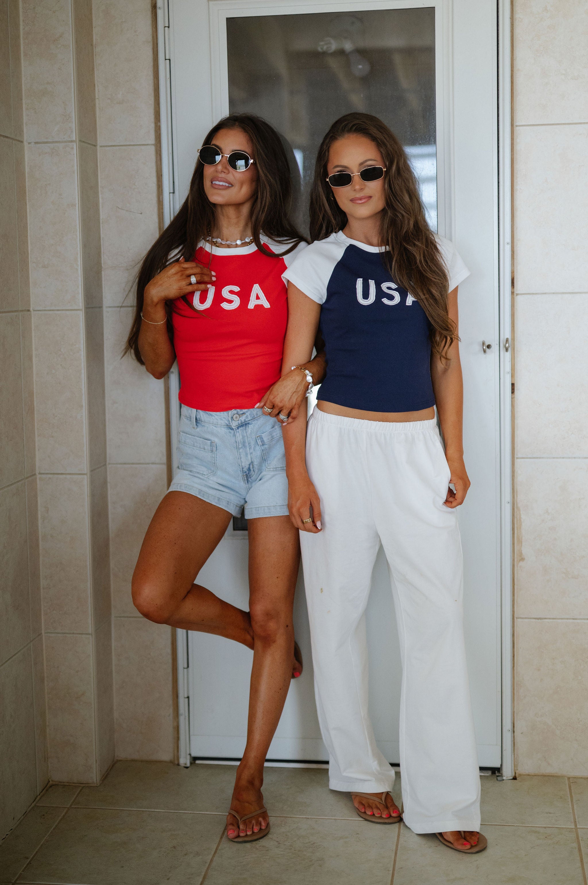 "USA" Color Block Baby Tee-Red/White