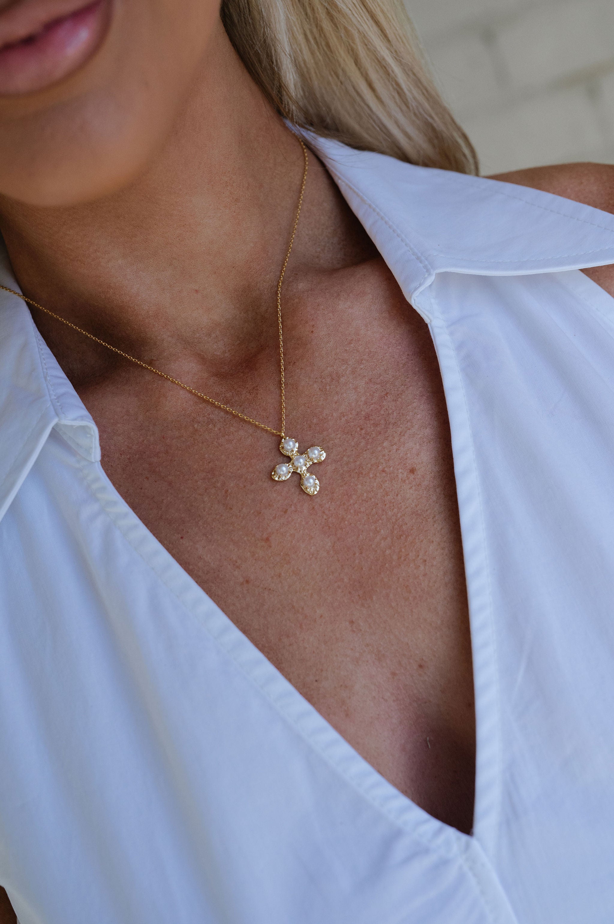 Textured Cross Pearl Pendant Necklace- Gold