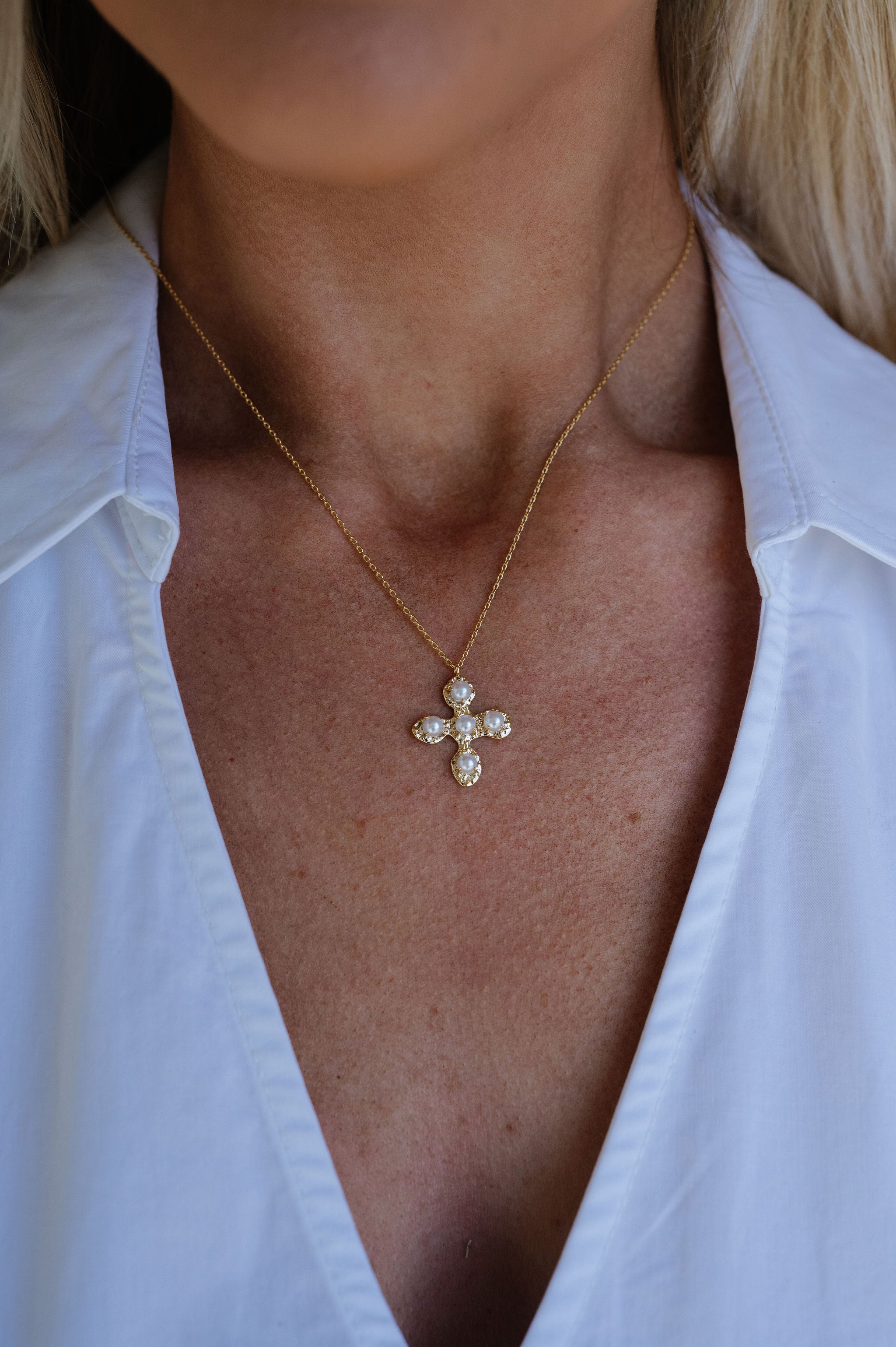 Textured Cross Pearl Pendant Necklace- Gold
