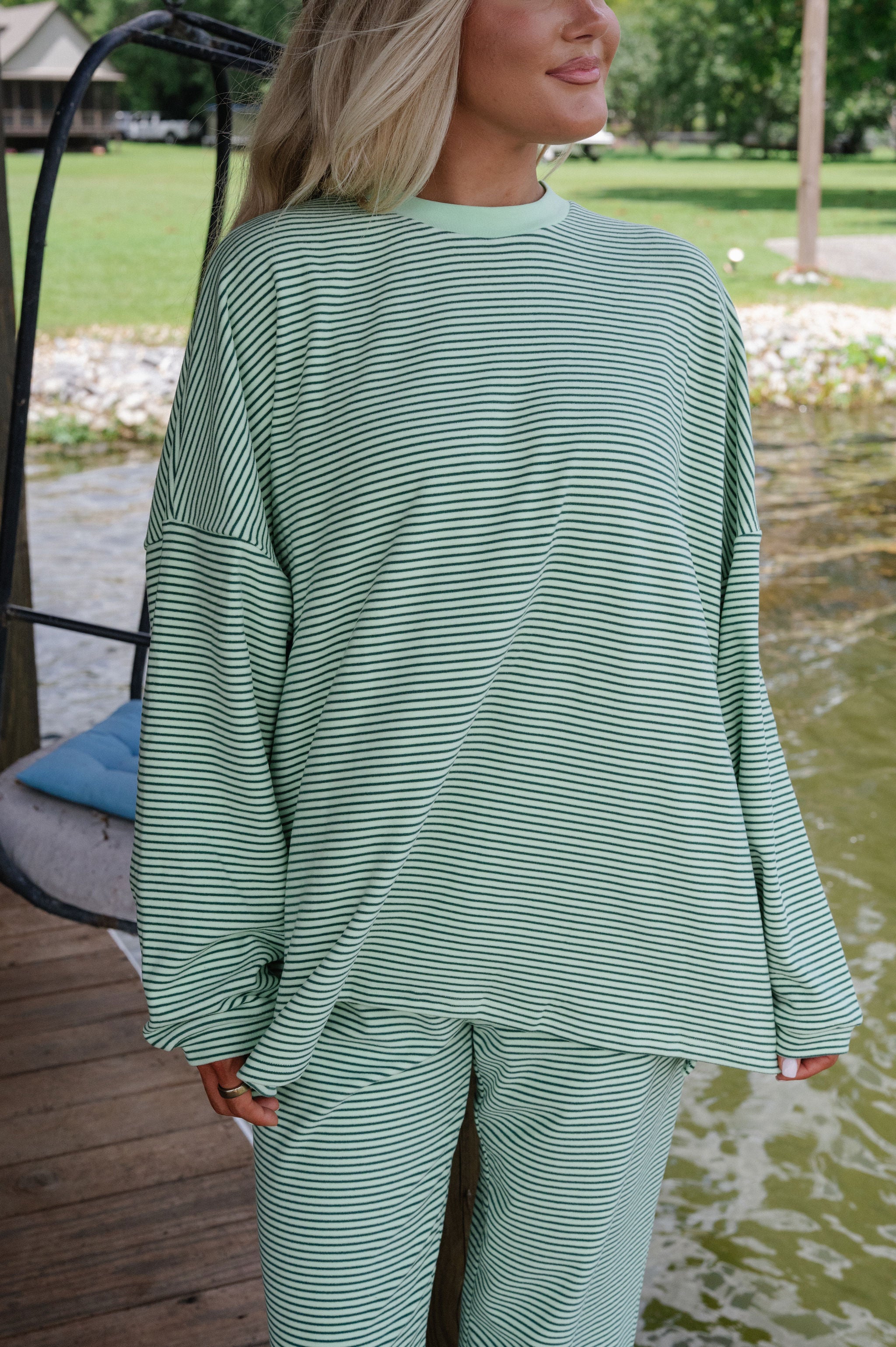 Nora Striped Fleece Oversized Top-Lime