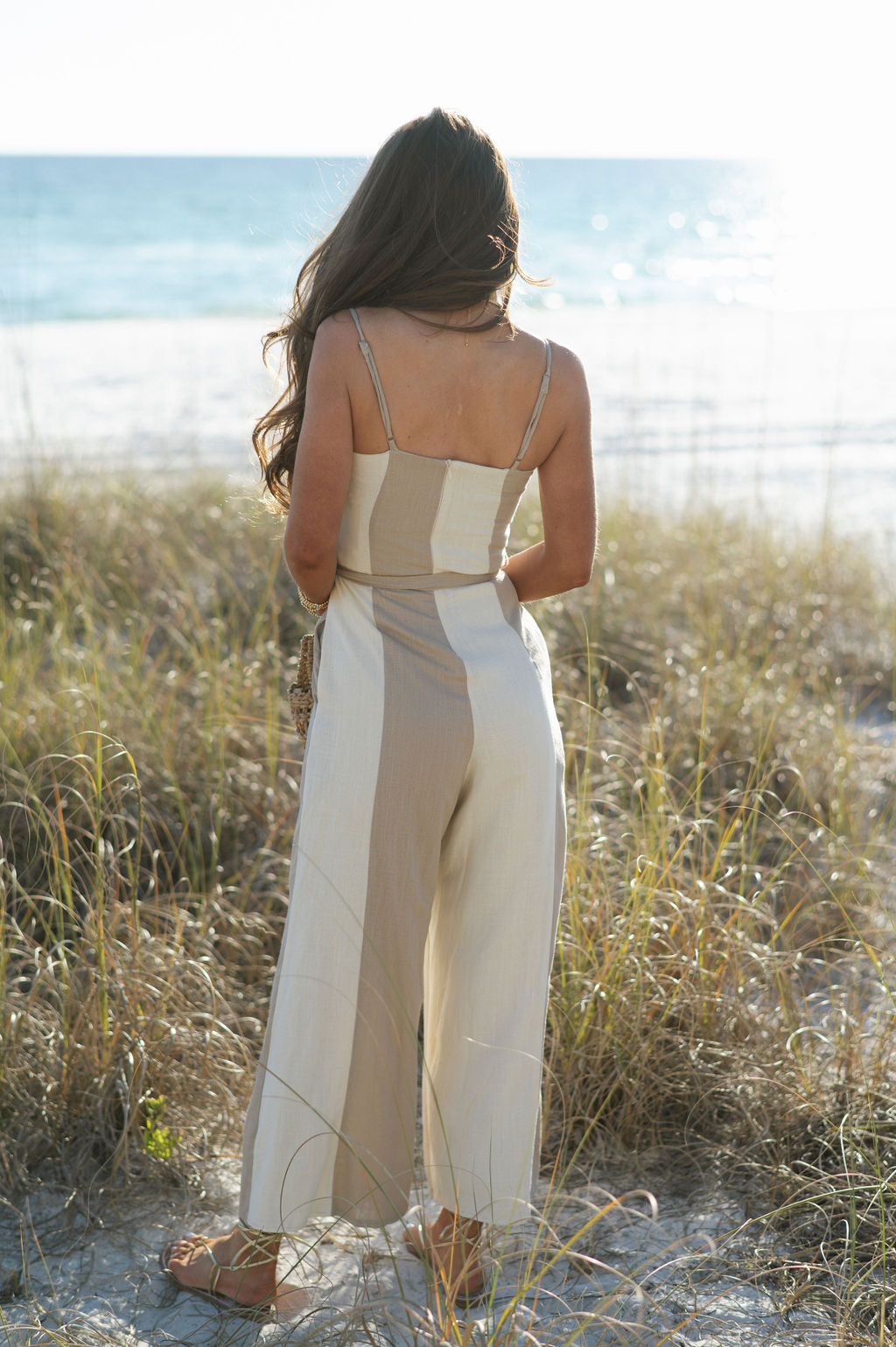 Color Block Linen Jumpsuit- Taupe/Cream