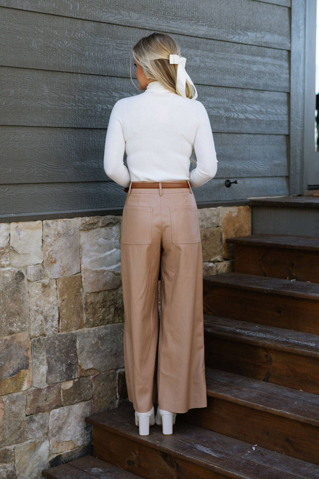 Monica Wide Leg Leather Pants-Tan