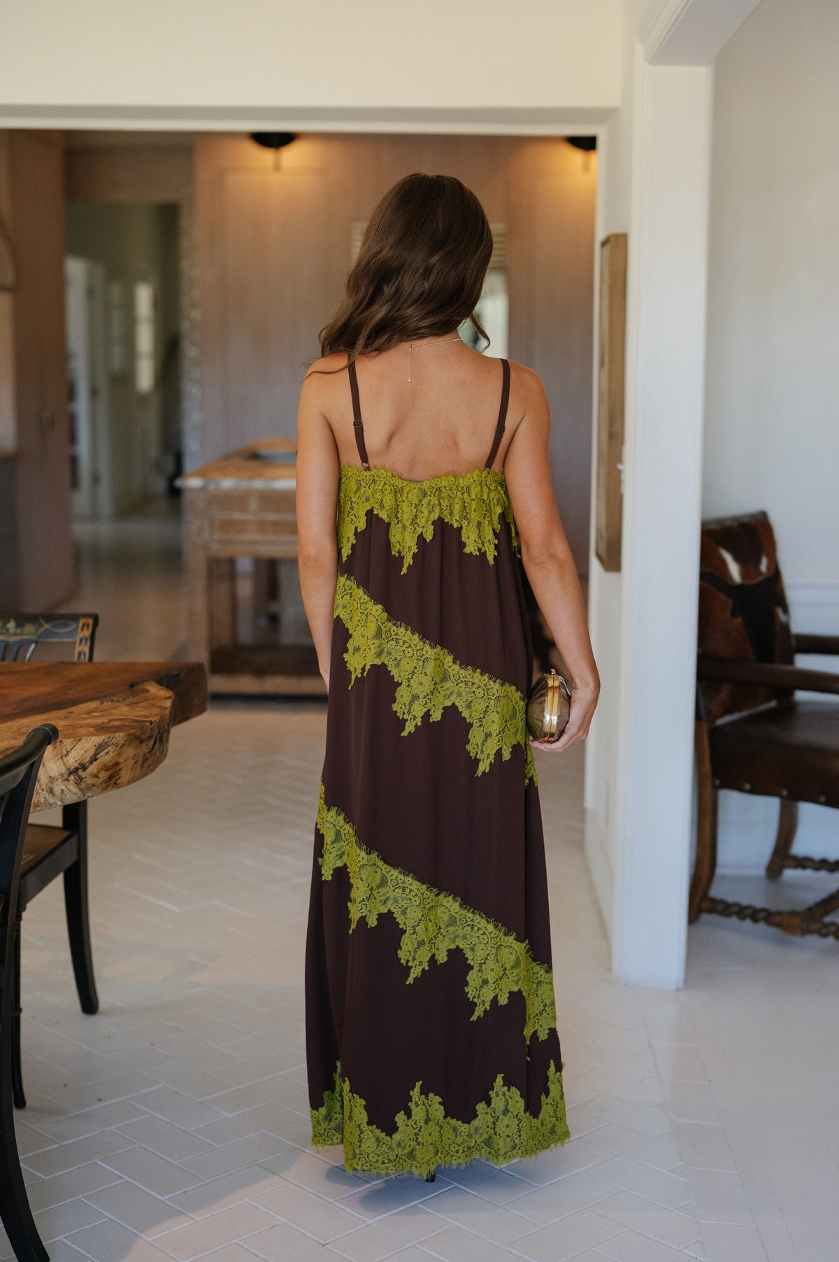 Stephanie Contrast Lace Trim Detail Maxi Dress-Chocolate