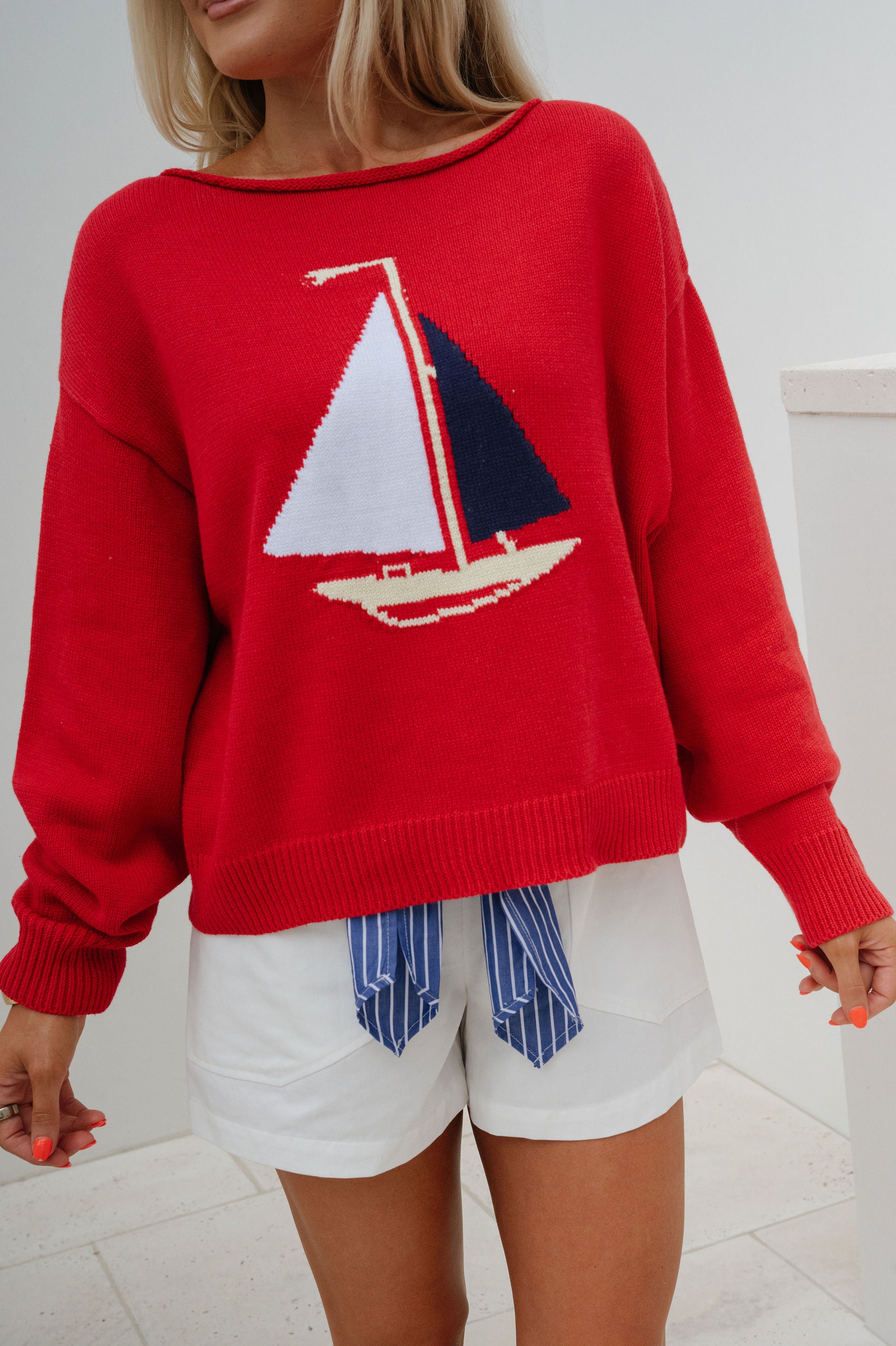 Boat Neck Sweater Top-Red