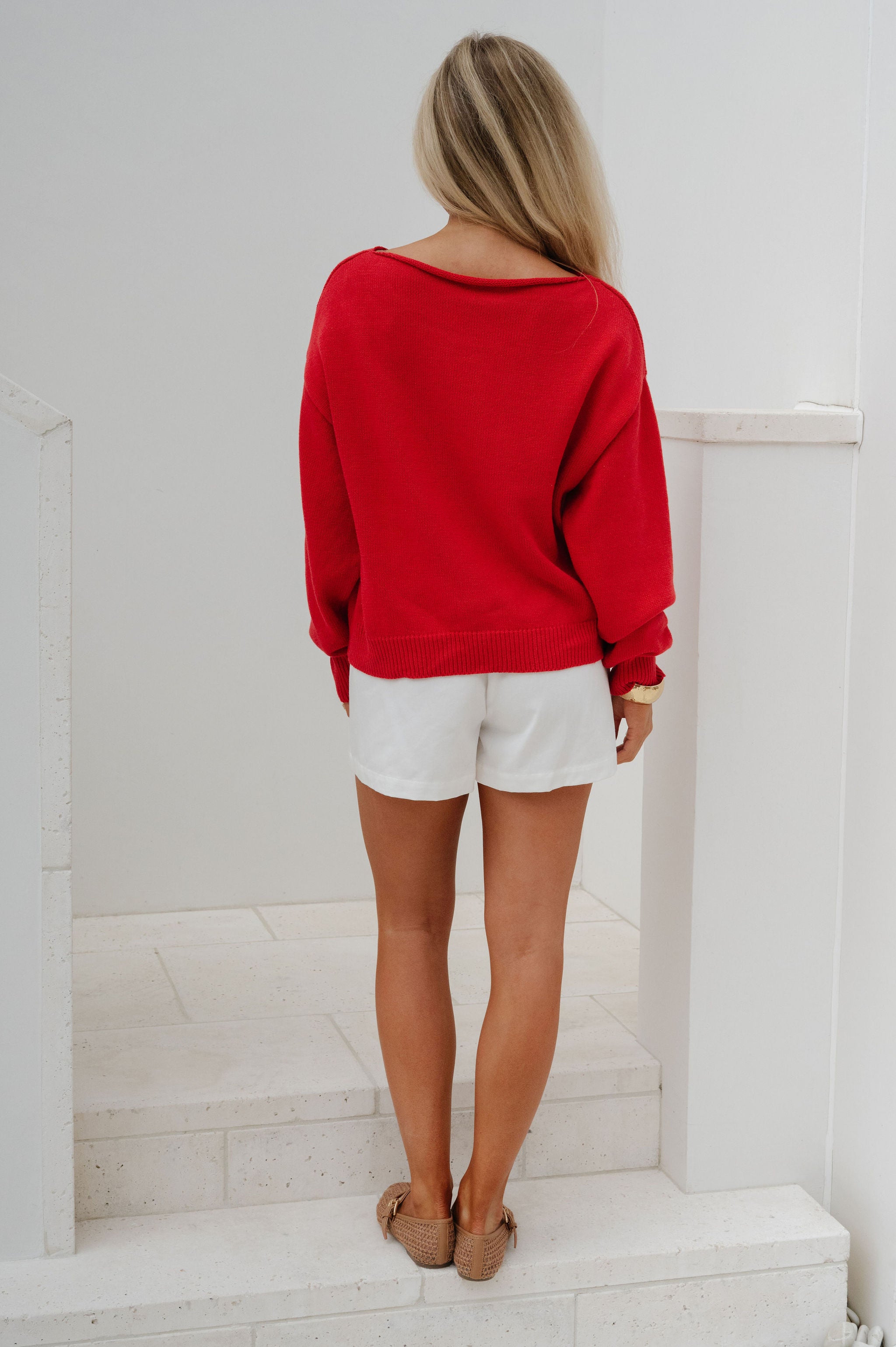 Boat Neck Sweater Top-Red