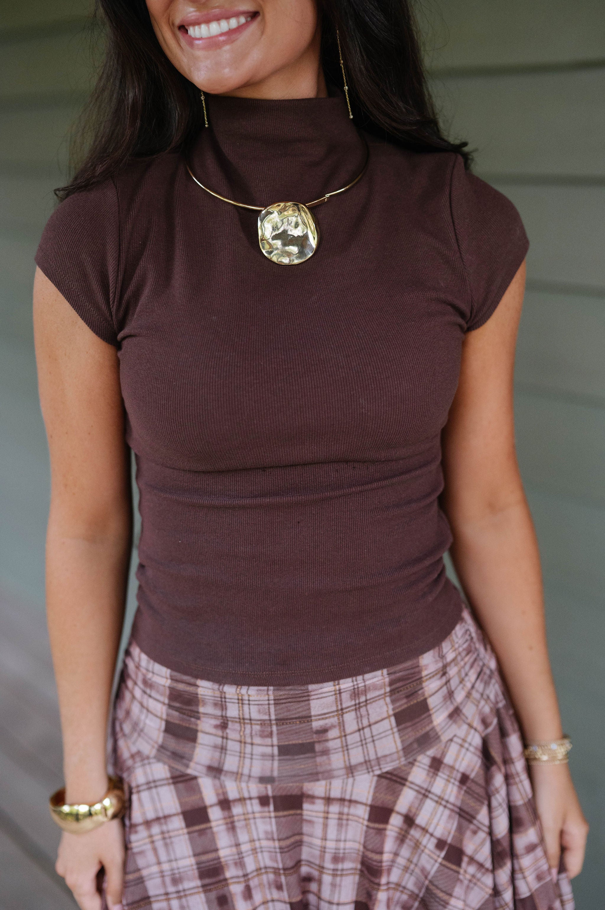 Anora Neck Knit Top-Brown