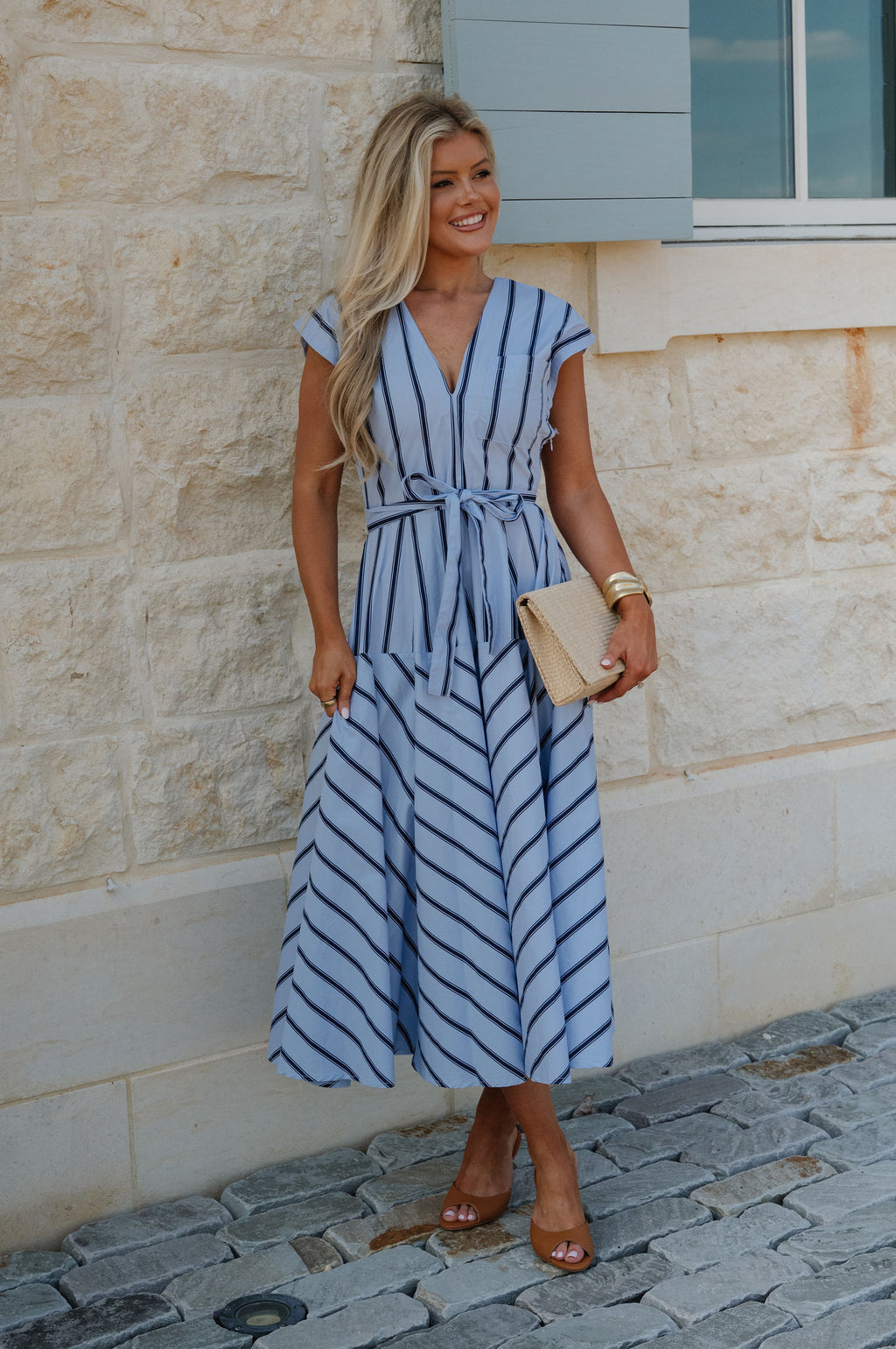 blue and white striped midi dress Women's Simple Statement Sky Stripe Button Front | Size: L this striped midi dress is one youll find yourself reaching for again and again Lola Striped Midi Dress-Blue
