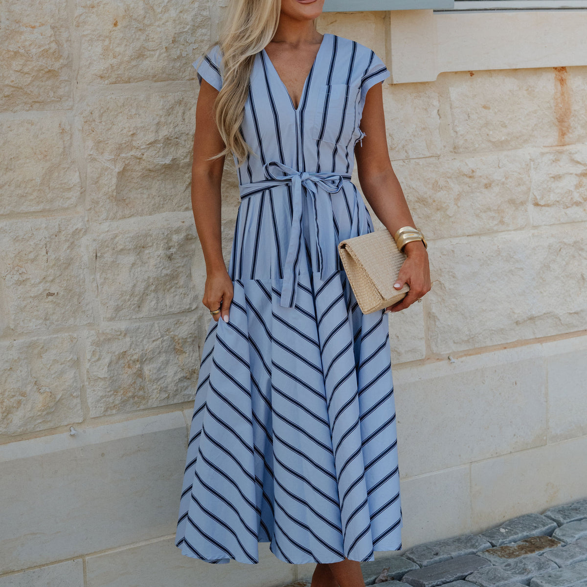 blue and beige striped dress Harbor Light Stripes Navy Midi Dress