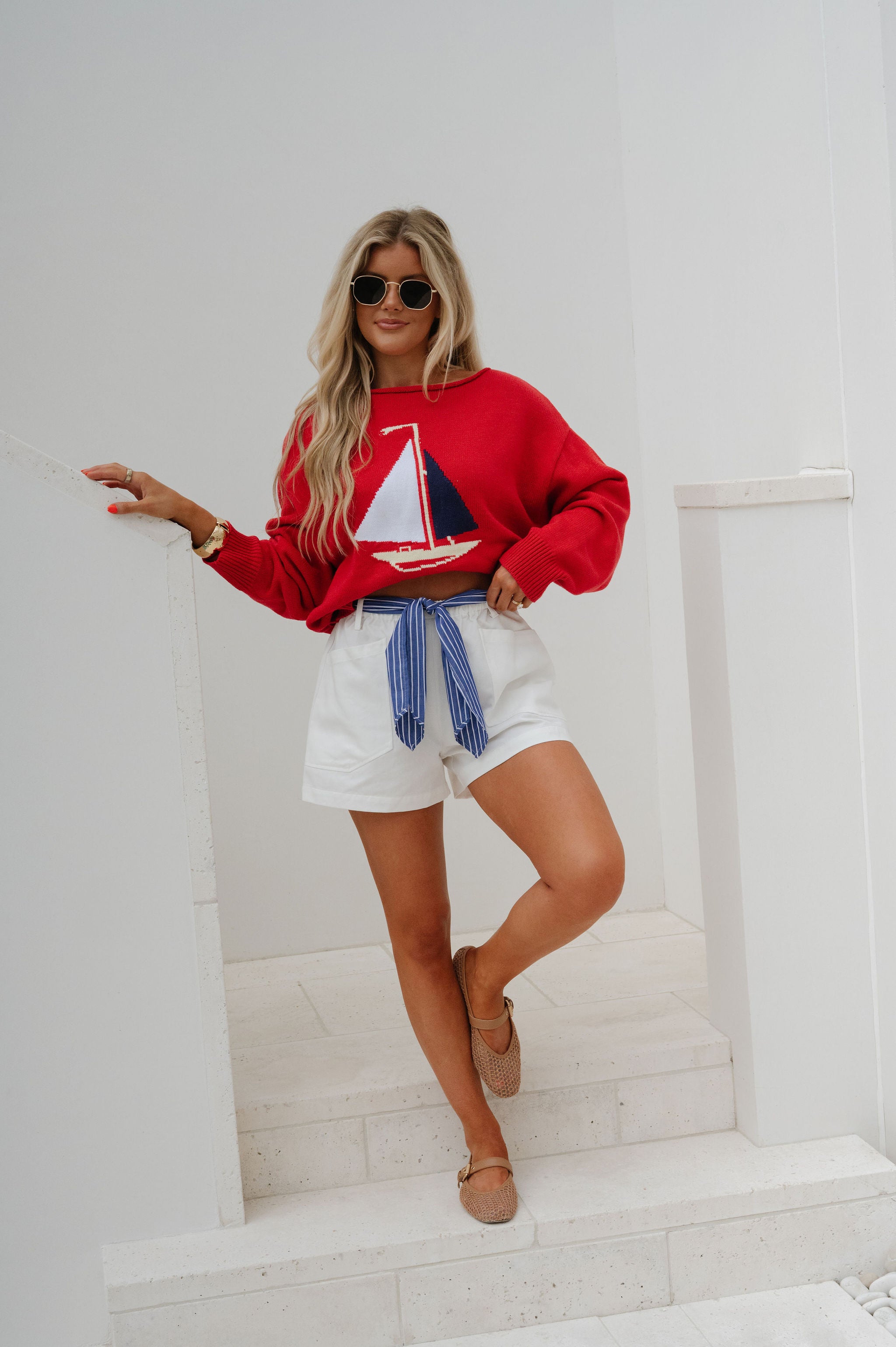 Boat Neck Sweater Top-Red