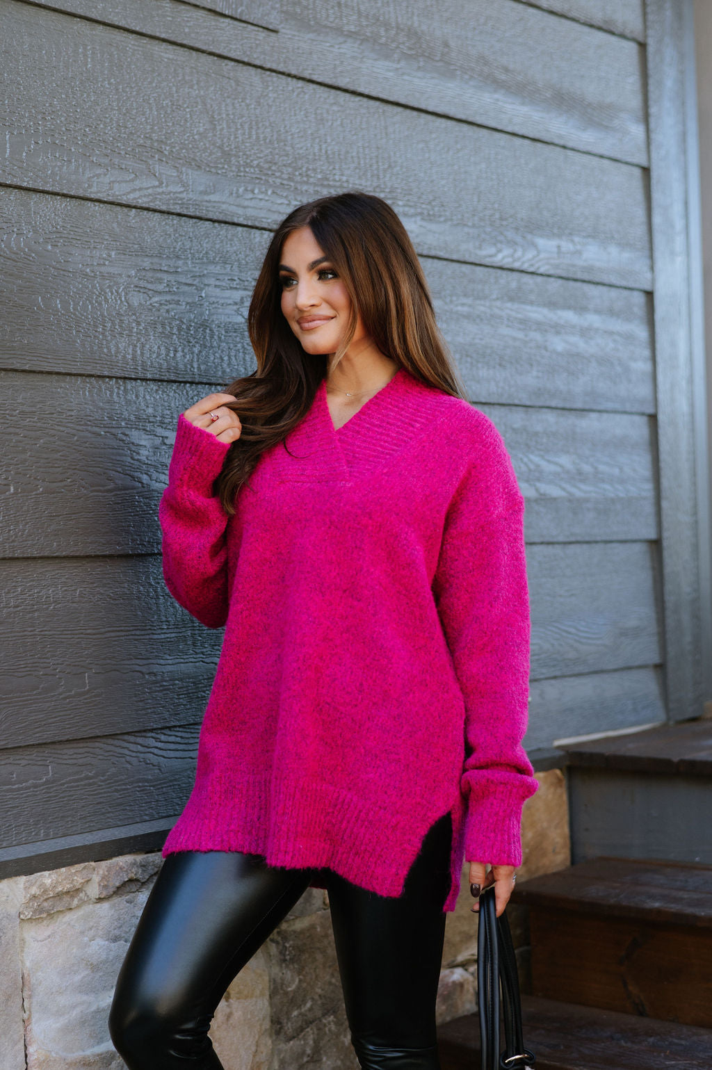 V-neck Slouchy Soft Knit Sweater - Cranberry