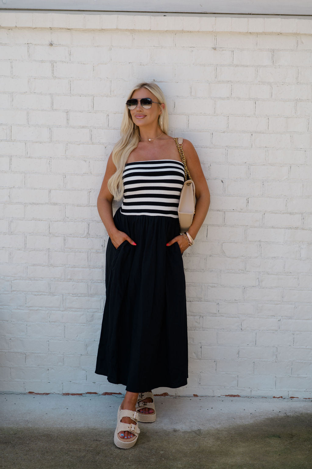 Striped Knit Midi Dress-Black