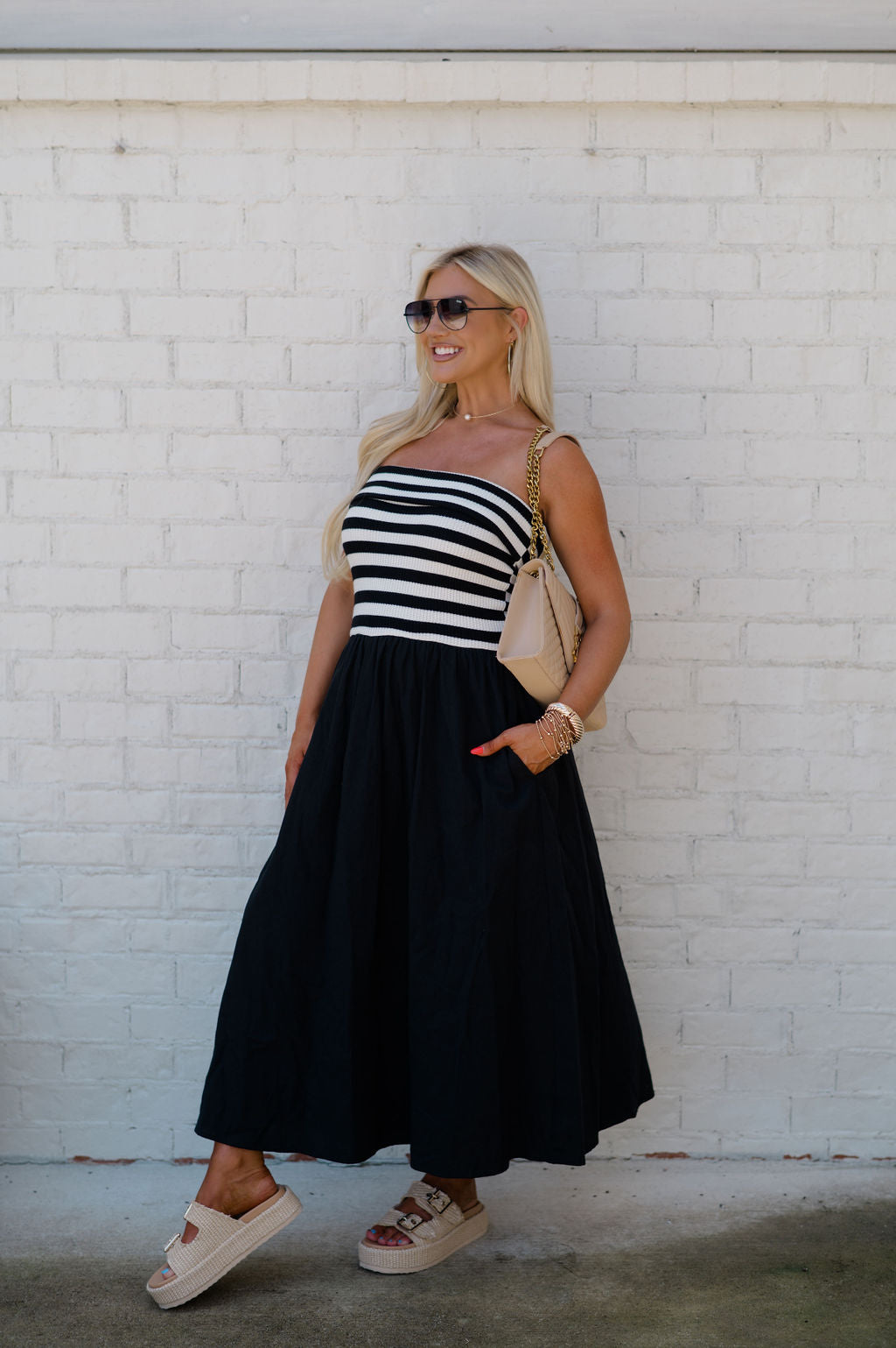 Striped Knit Midi Dress-Black