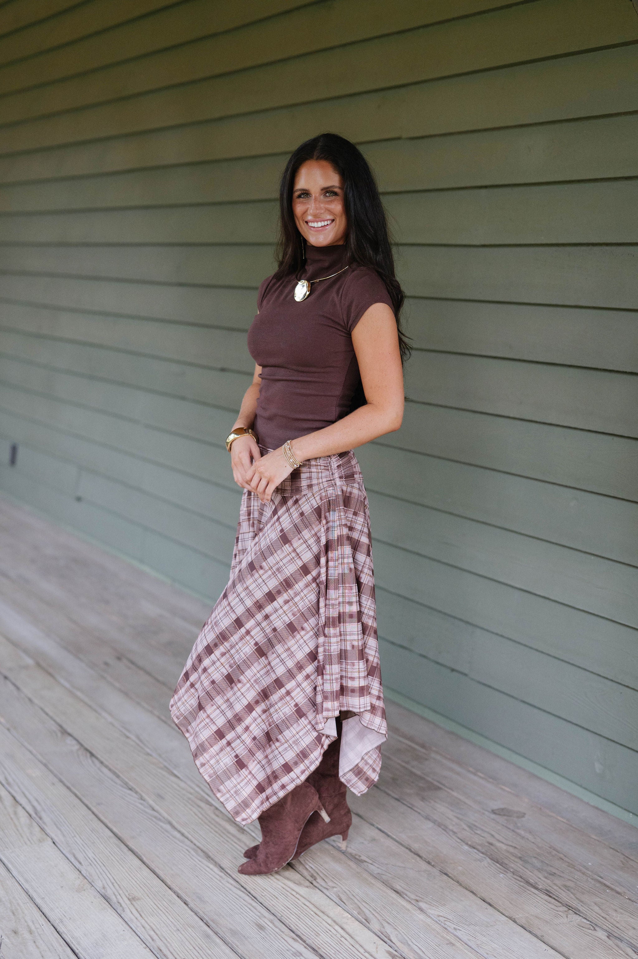 Anora Neck Knit Top-Brown