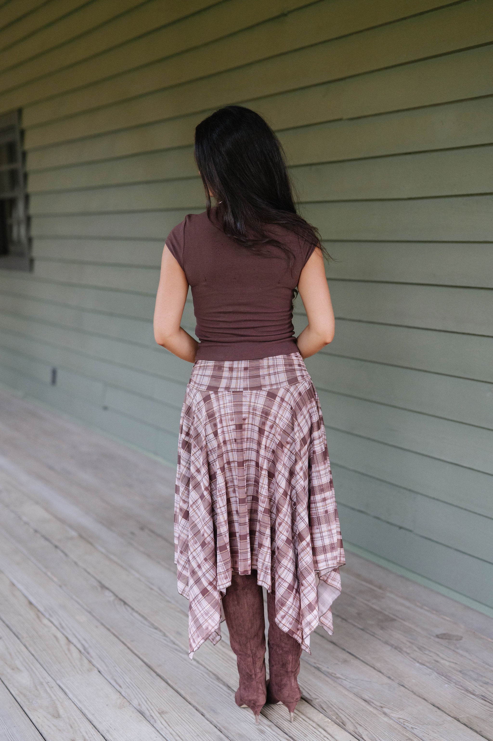 Layered Plaid Midi Skirt-Brown