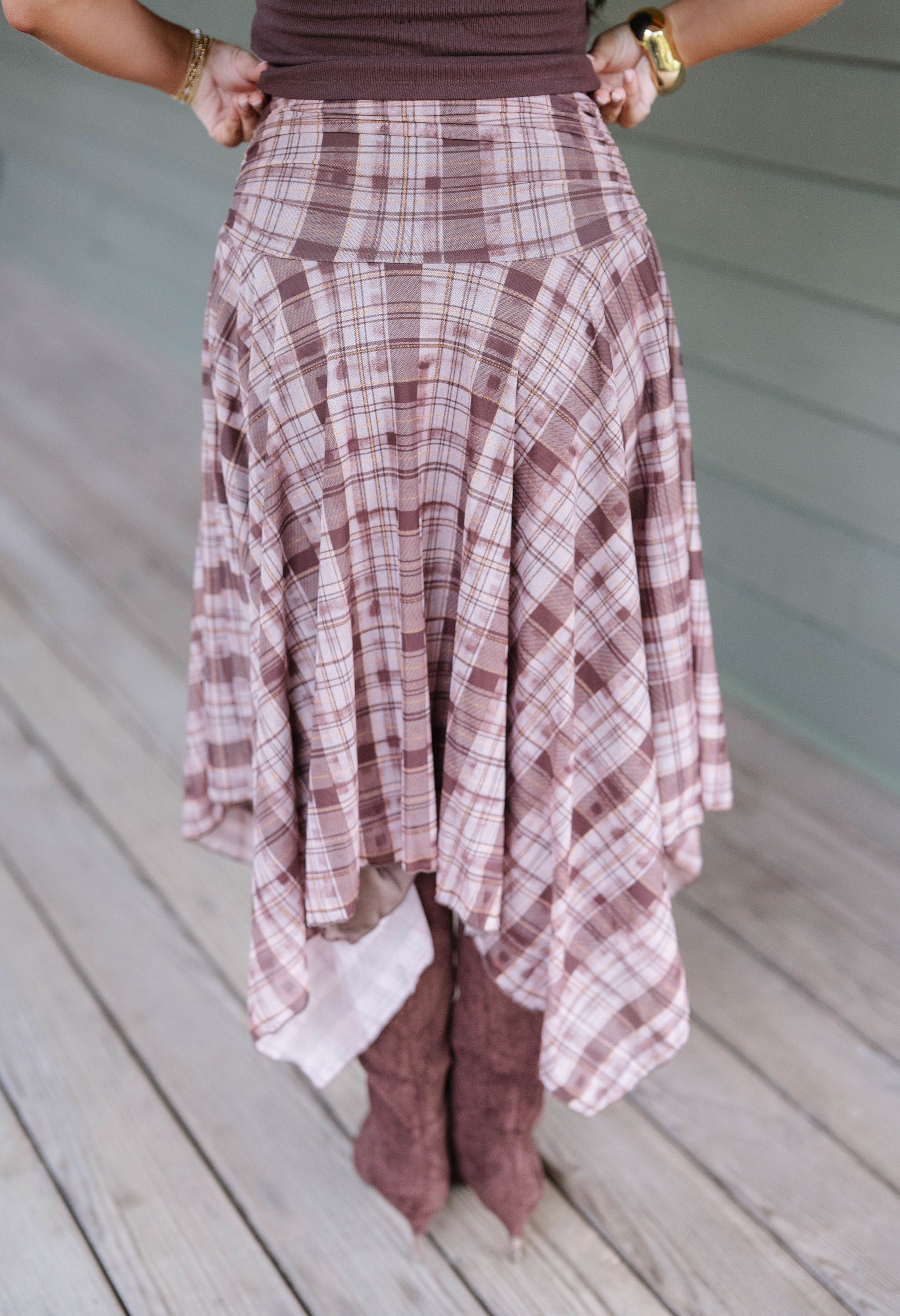 Layered Plaid Midi Skirt-Brown