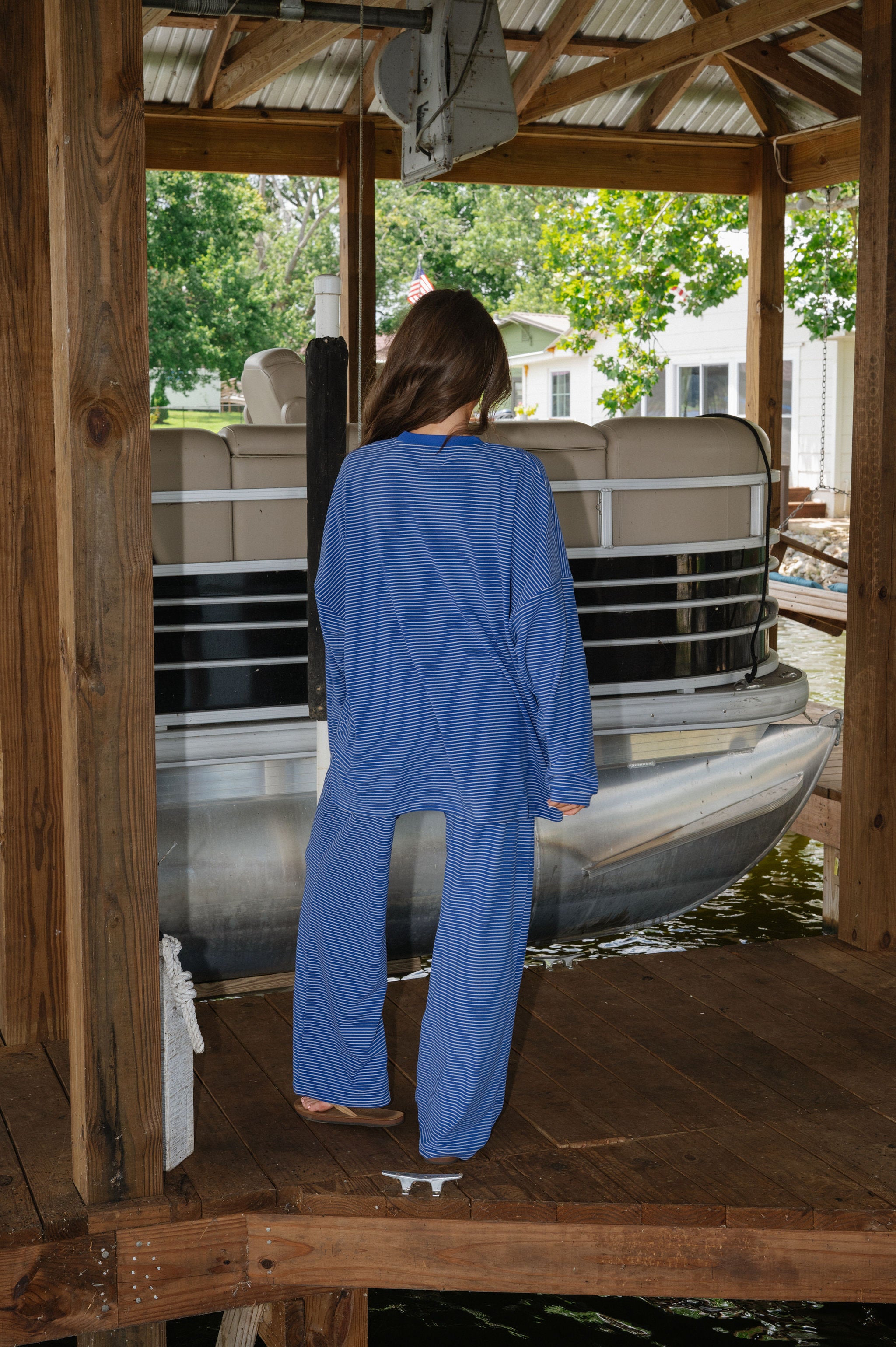 Nora Striped Fleece Oversized Top-Royal Blue