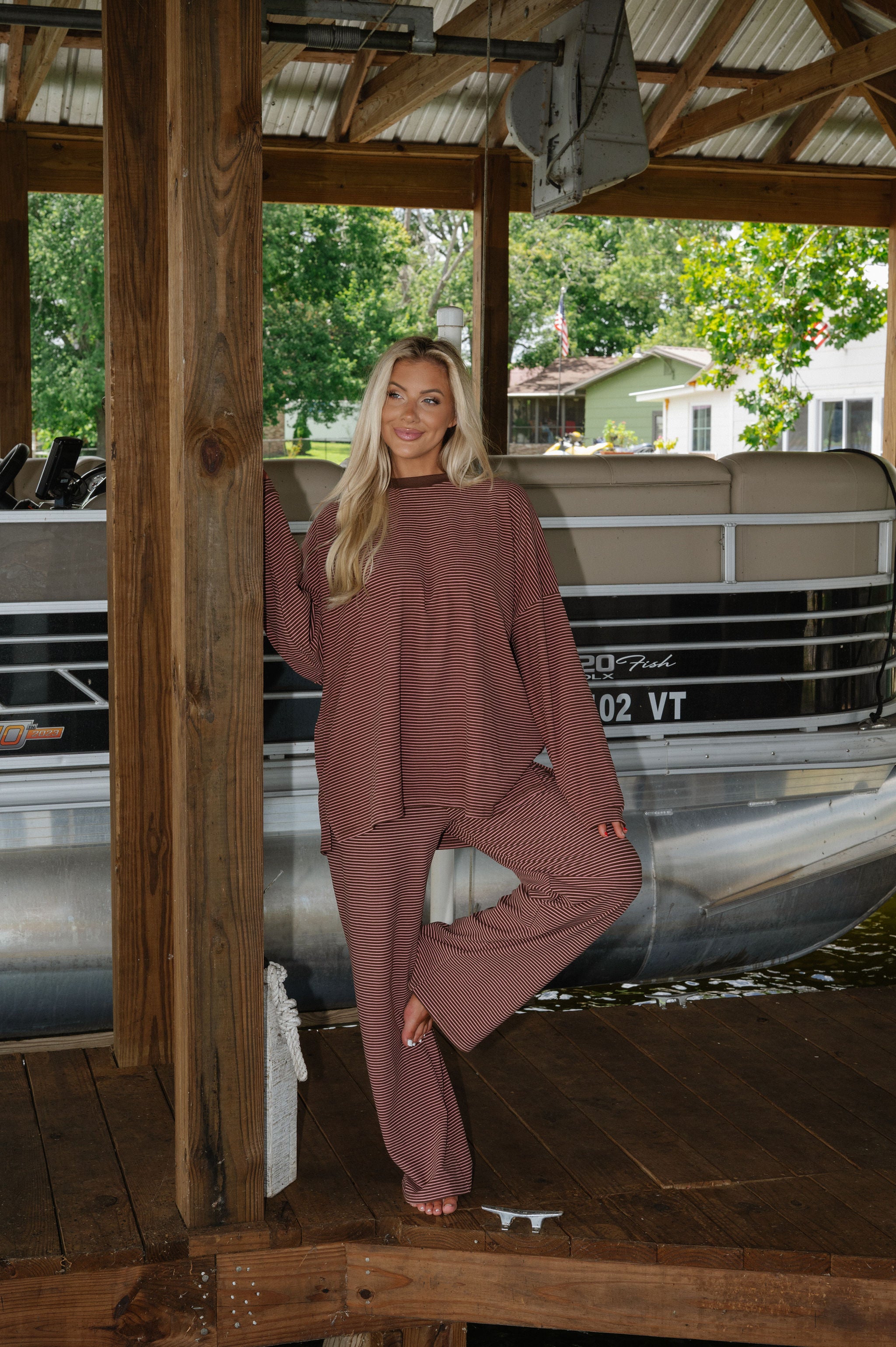 Nora Striped Fleece Oversized Top-Brown/Pink