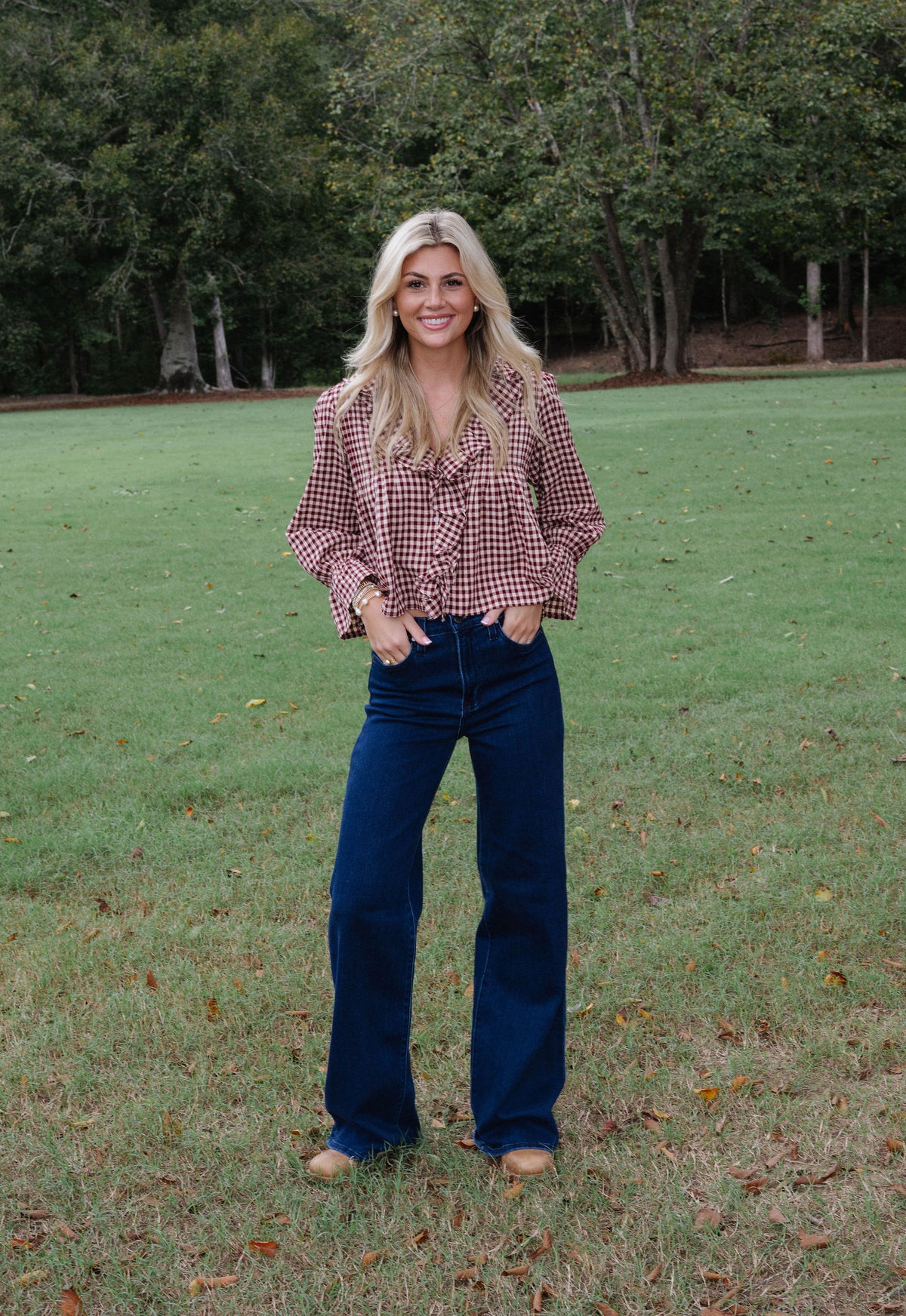 Hazel Gingham Ruffle Blouse-Burgundy/Taupe