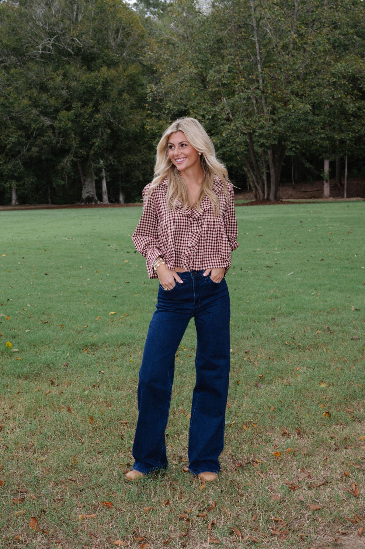 Hazel Gingham Ruffle Blouse-Burgundy/Taupe