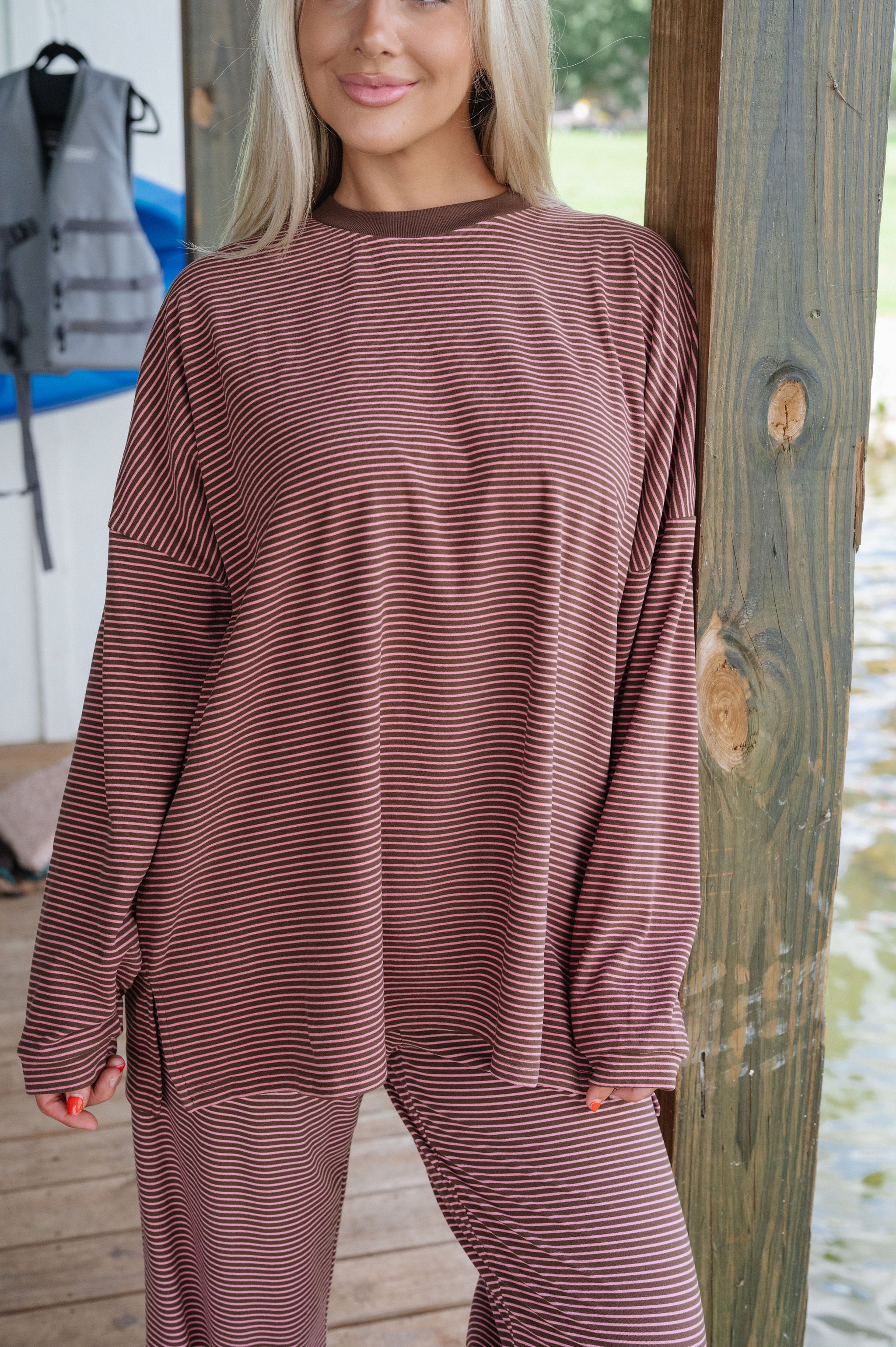 Nora Striped Fleece Oversized Top-Brown/Pink