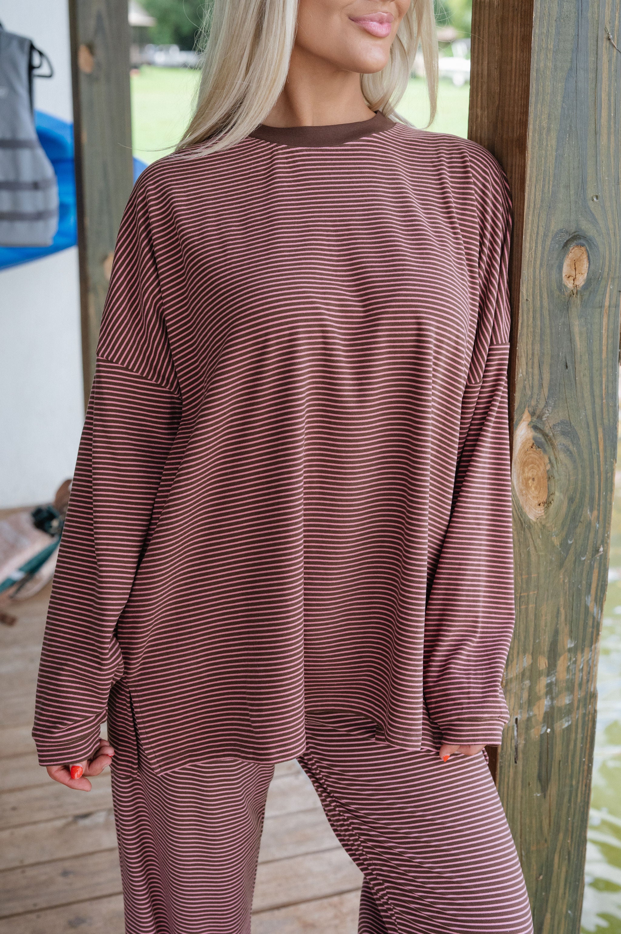 Nora Striped Fleece Oversized Top-Brown/Pink