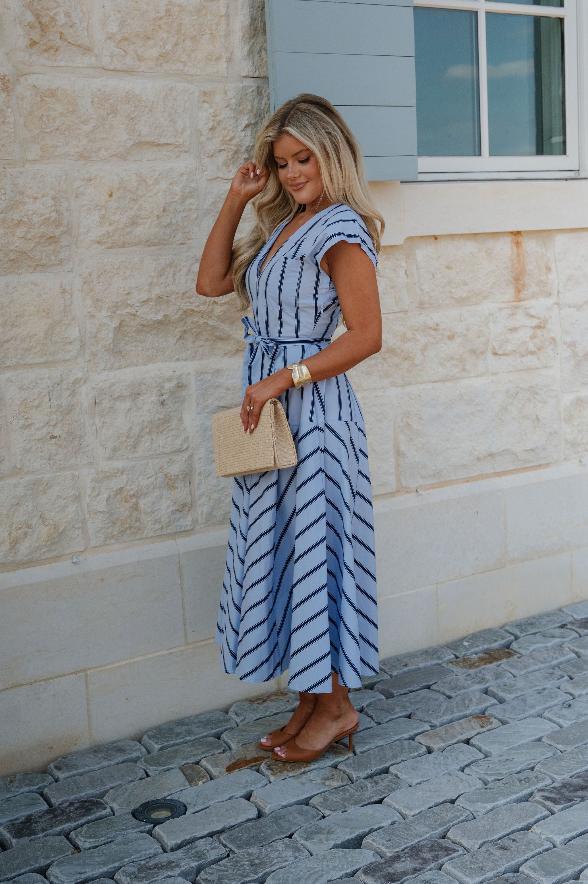 Lola Striped Midi Dress-Blue