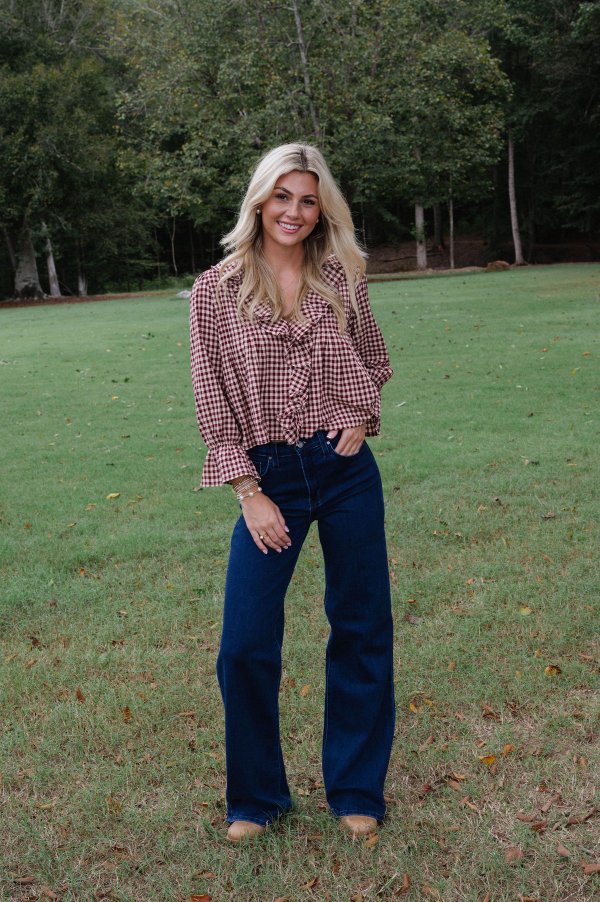 Hazel Gingham Ruffle Blouse-Burgundy/Taupe