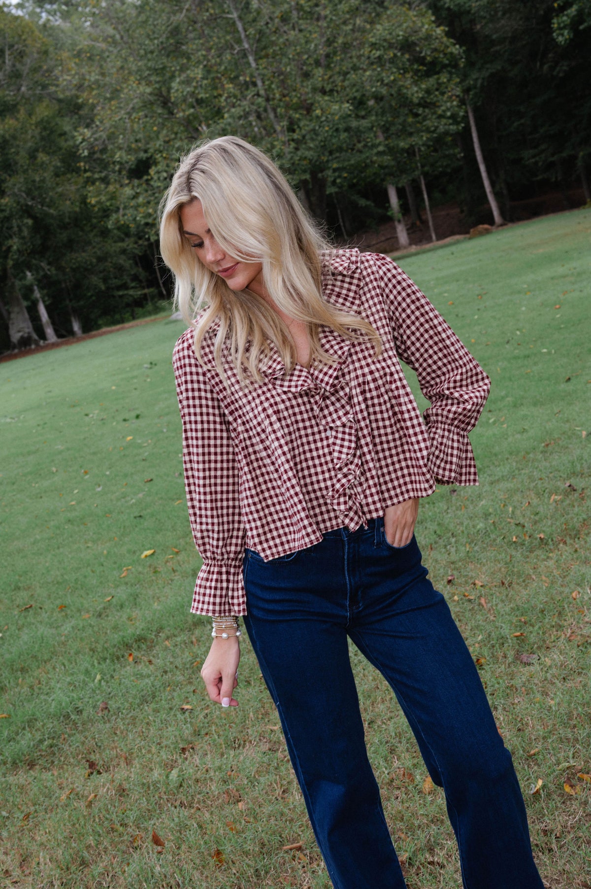 Hazel Gingham Ruffle Blouse-Burgundy/Taupe