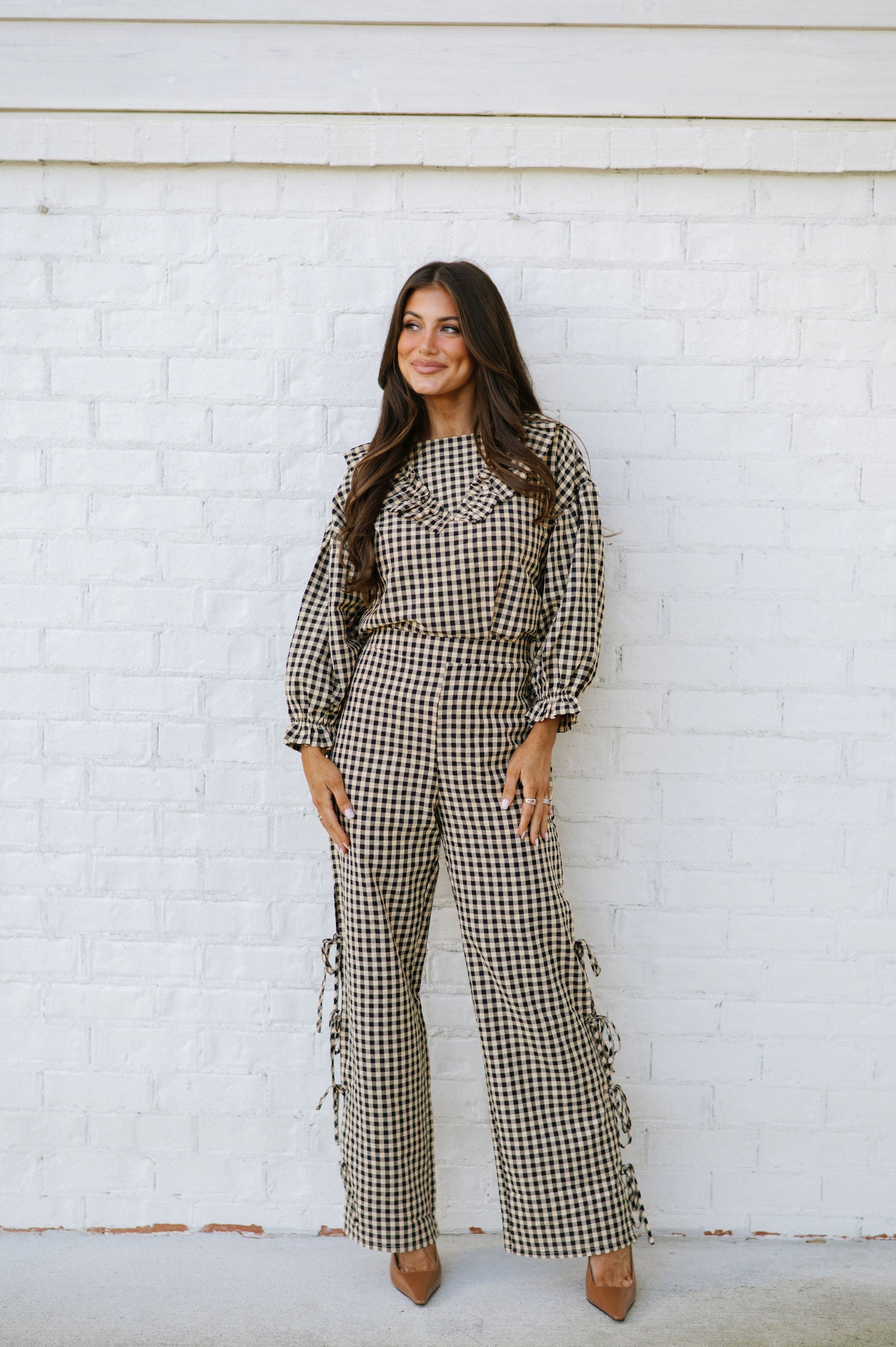 Gingham Pants Set-Beige