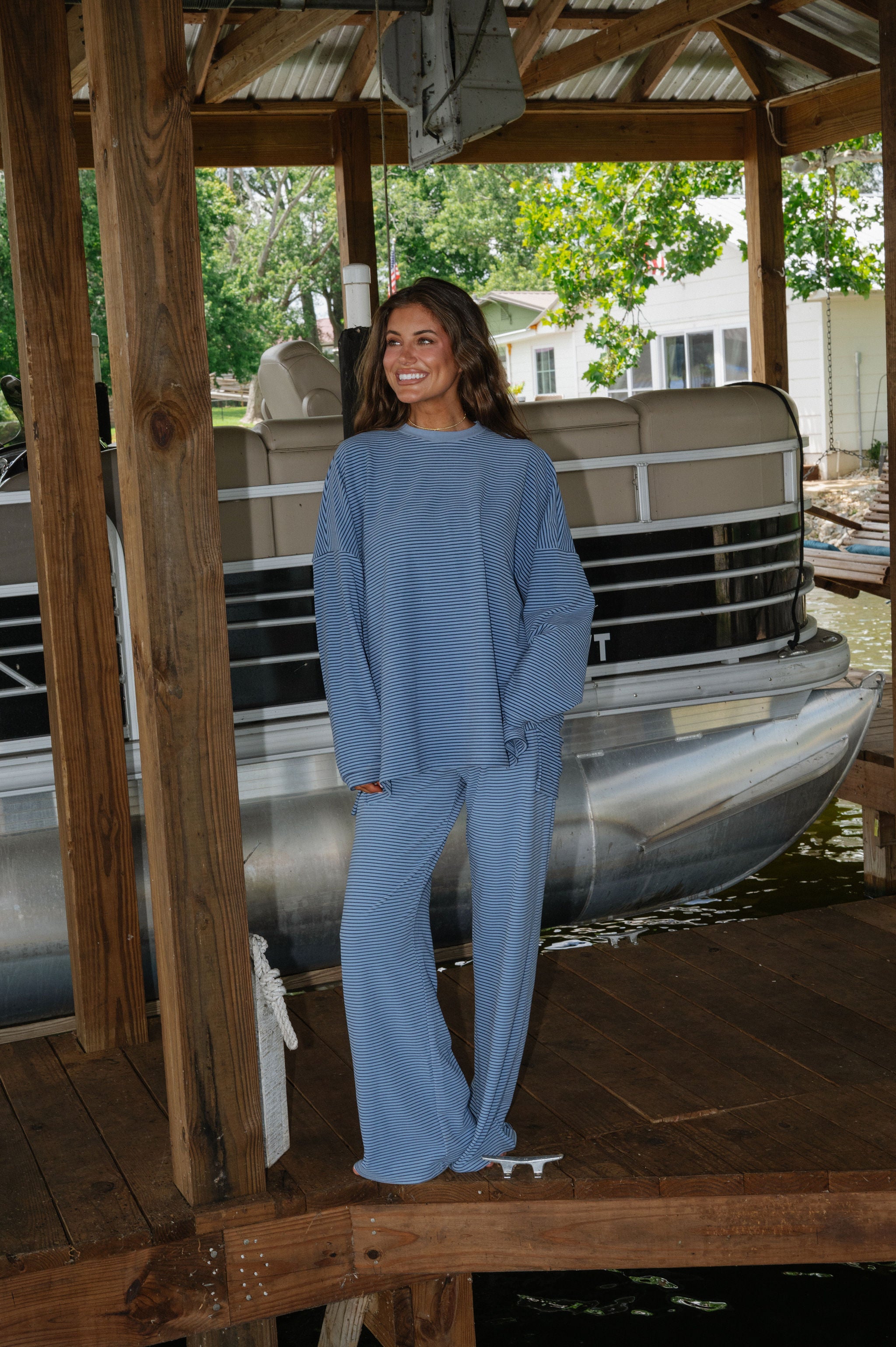 Nelly Striped Pants-Dusty Blue