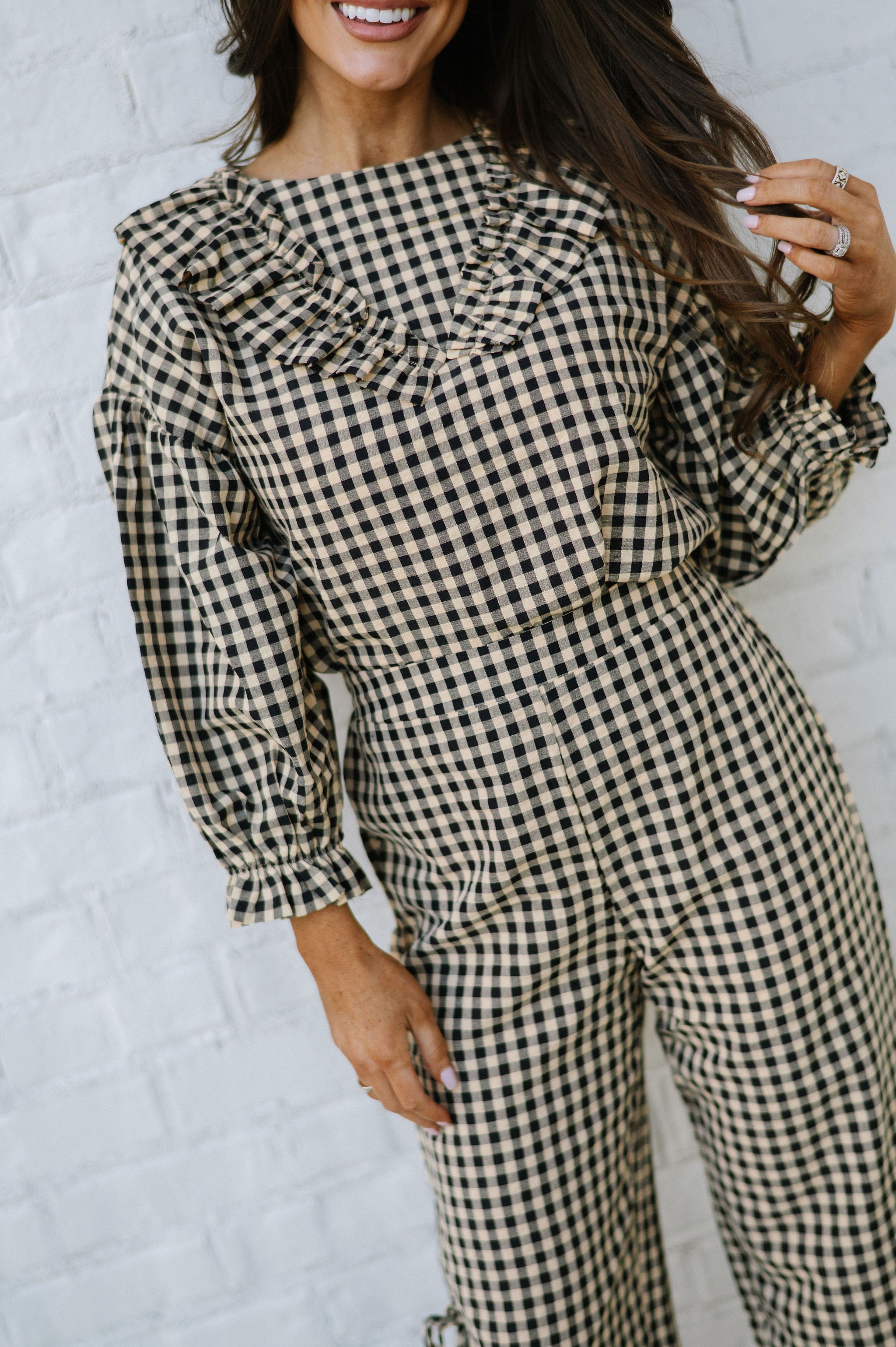 Gingham Pants Set-Beige